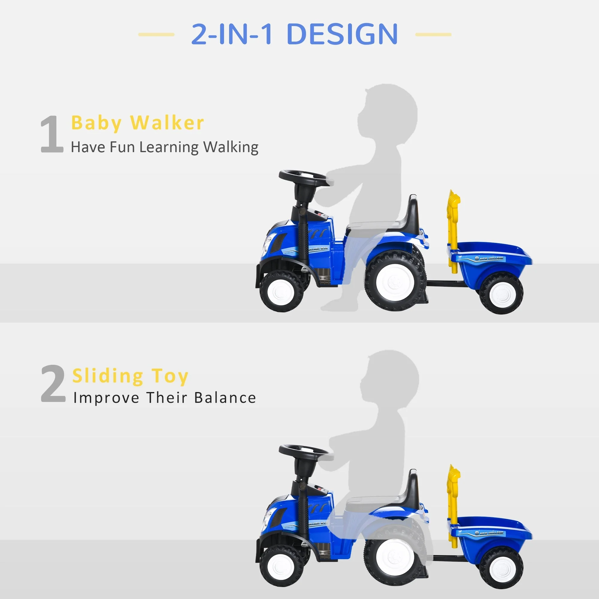 Ride On Tractor Toddler Walker Foot To Floor Slider w/ Horn Storage Steering Wheel for 1-3 Years Old Blue - Image 5