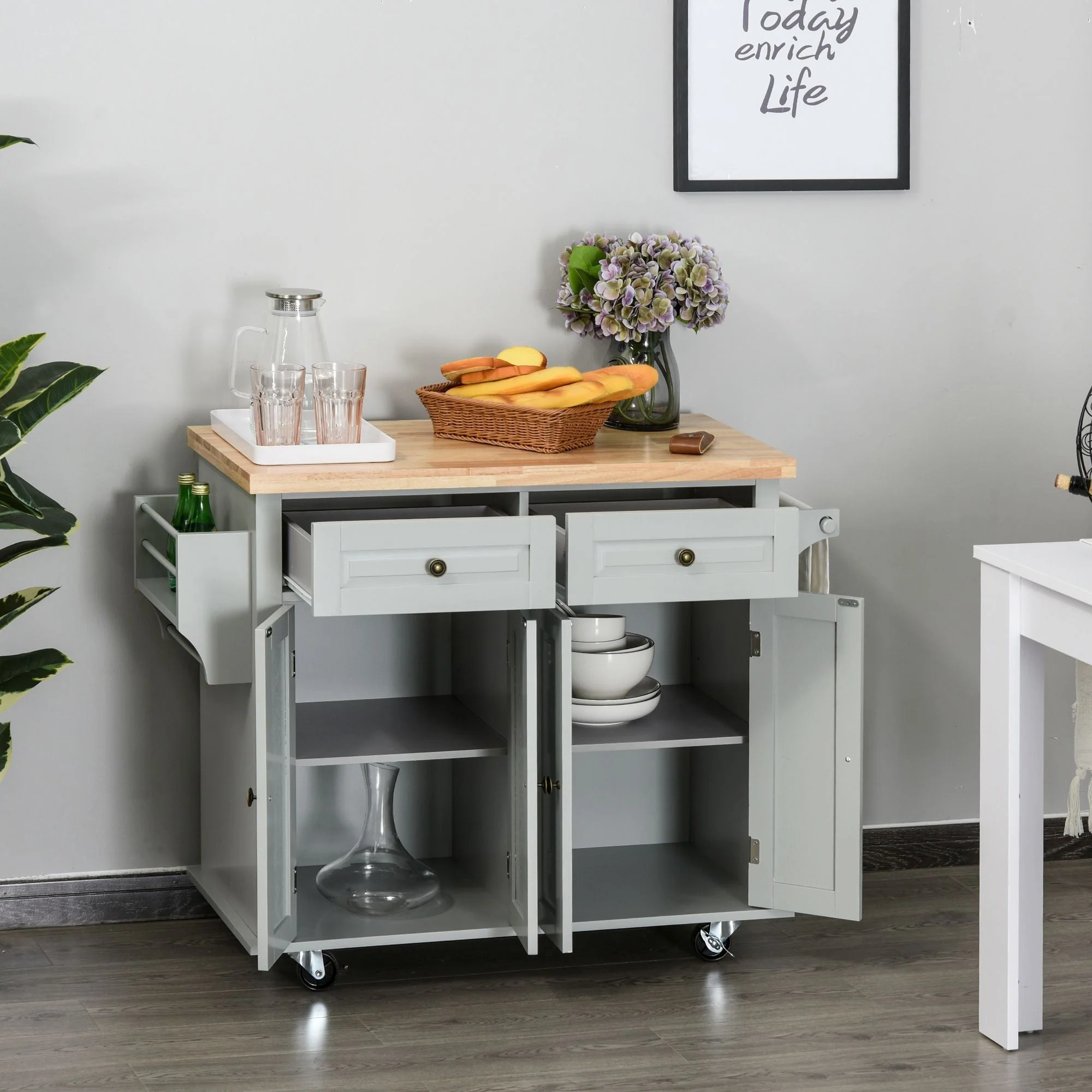 Rolling Kitchen Island Storage Trolley with Rubber Wood Top & Drawers for Dining Room - Image 2