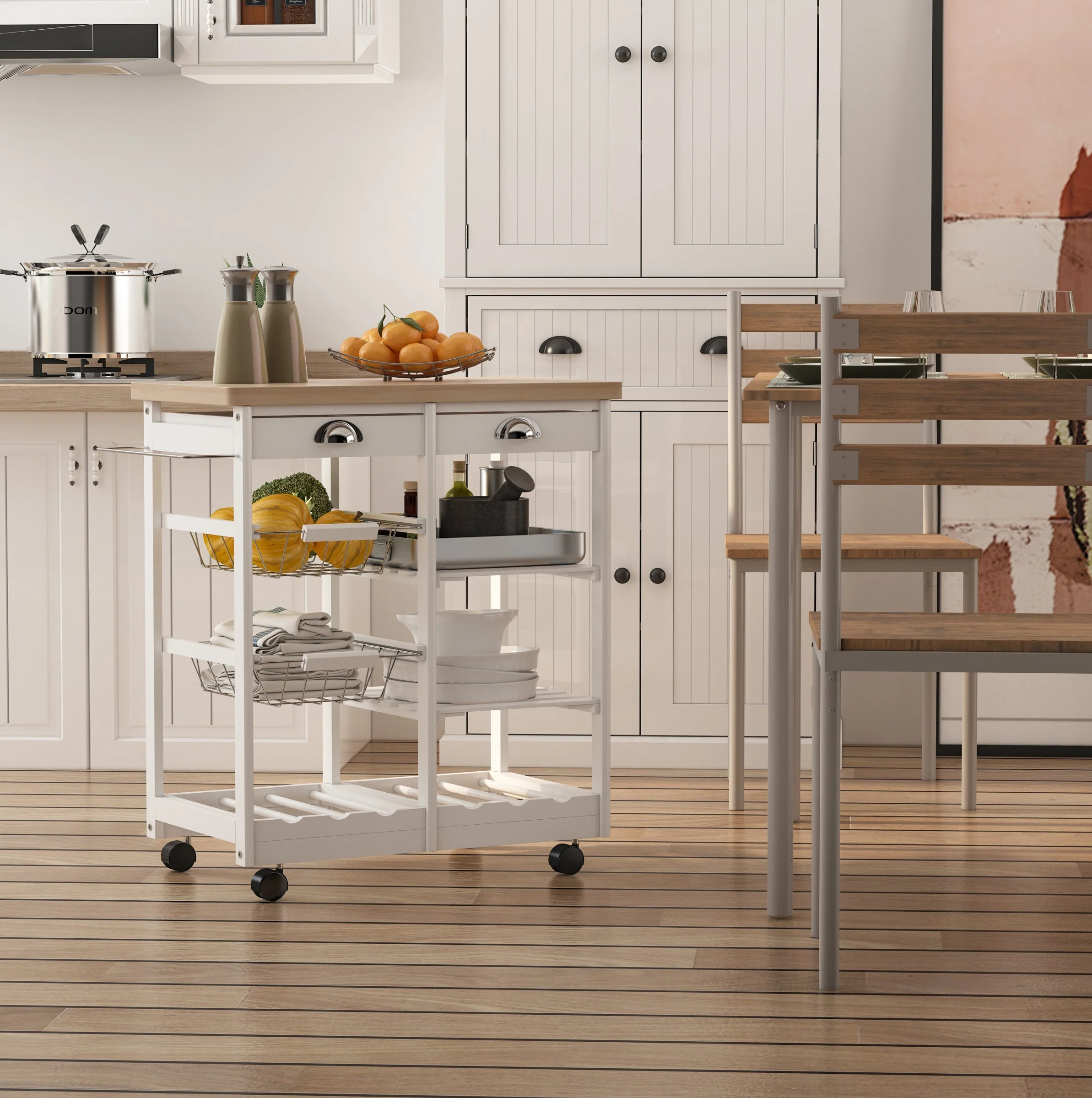 Rolling Kitchen Island Trolley Cart Drawer Shelves Basket Wheels W/ 6 Bottle Wine Rack White - Image 2