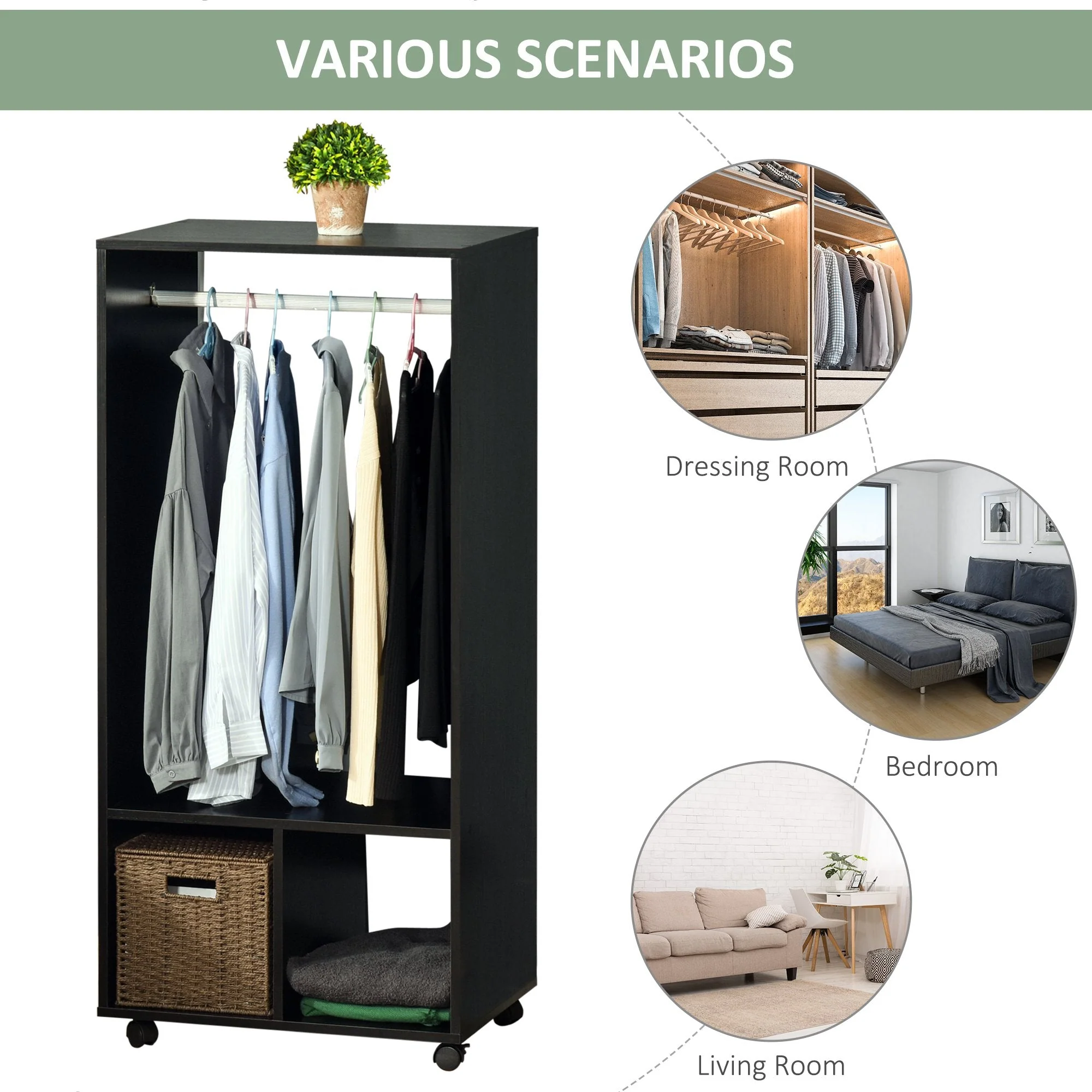Rolling Open Wardrobe w/ Hanging Rod Storage Shelves Closet Organizer - Image 6