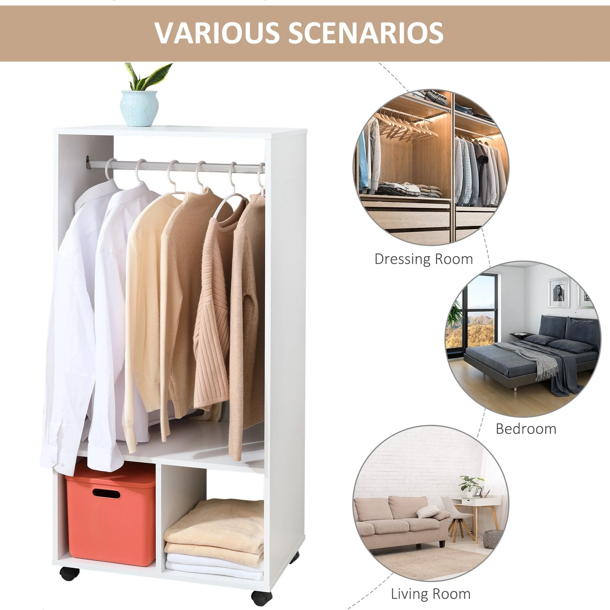 Rolling Open Wardrobe w/ Hanging Rod Storage Shelves Closet Organizer - Image 7