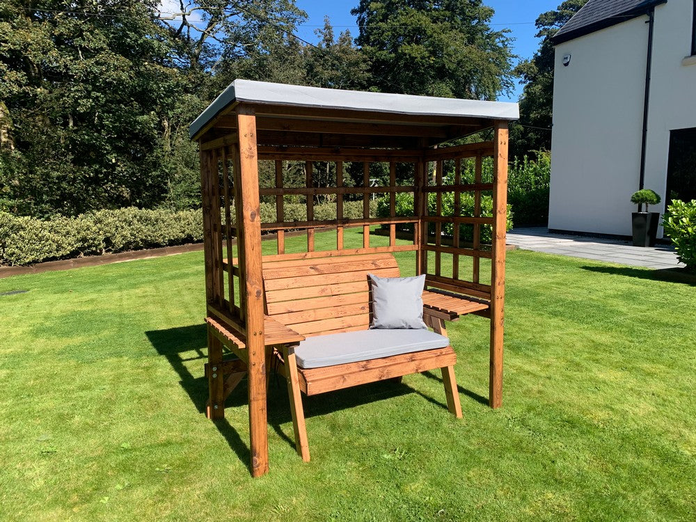 Scandinavian Redwood Garden Arbour by Charles Taylor - 2 Seats Grey Cushions - Image 4