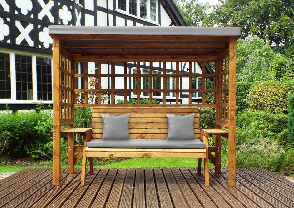 Scandinavian Redwood Garden Arbour by Charles Taylor - 3 Seats Grey Cushions - Image 3