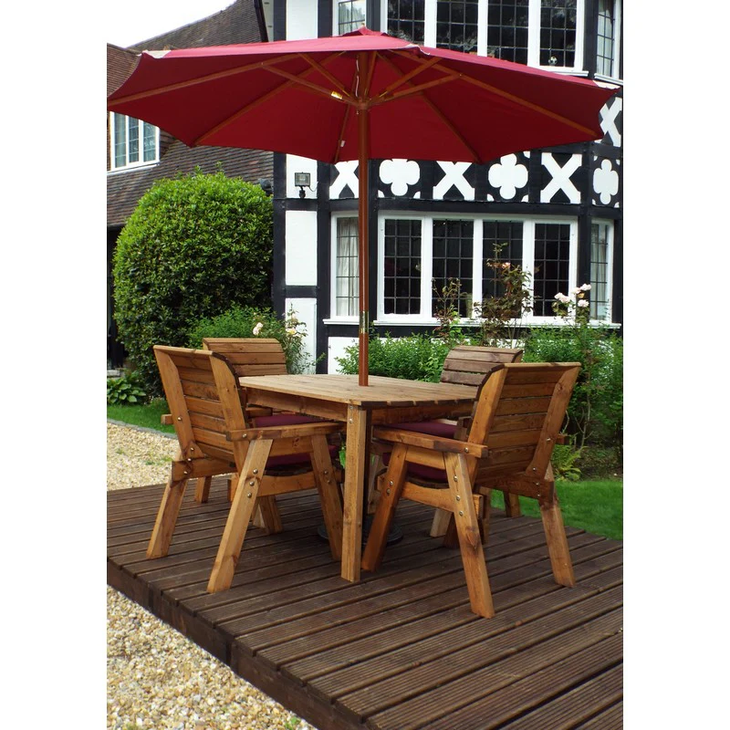 Scandinavian Redwood Garden Patio Dining Set by Charles Taylor - 4 Seats Burgundy Cushions - Image 3