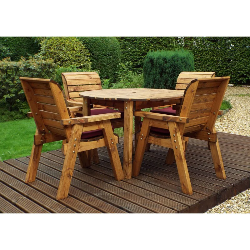 Scandinavian Redwood Garden Patio Dining Set by Charles Taylor - 4 Seats Burgundy Cushions - Image 5