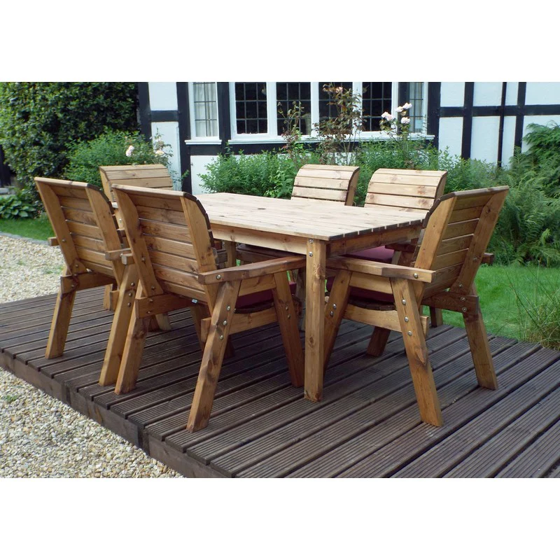 Scandinavian Redwood Garden Patio Dining Set by Charles Taylor - 6 Seats Burgundy Cushions - Image 2