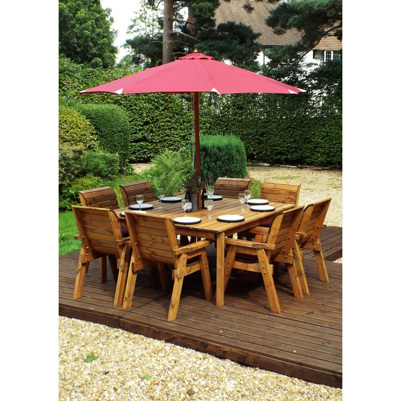 Scandinavian Redwood Garden Patio Dining Set by Charles Taylor - 8 Seats Burgundy Cushions - Image 4