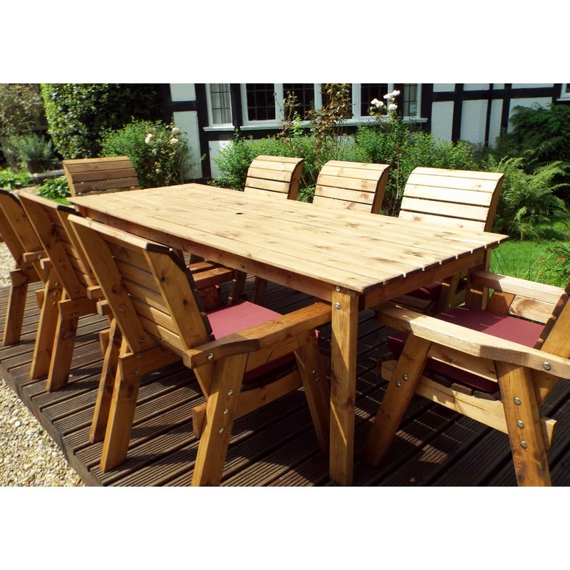 Scandinavian Redwood Garden Patio Dining Set by Charles Taylor - 8 Seats Burgundy Cushions - Image 3