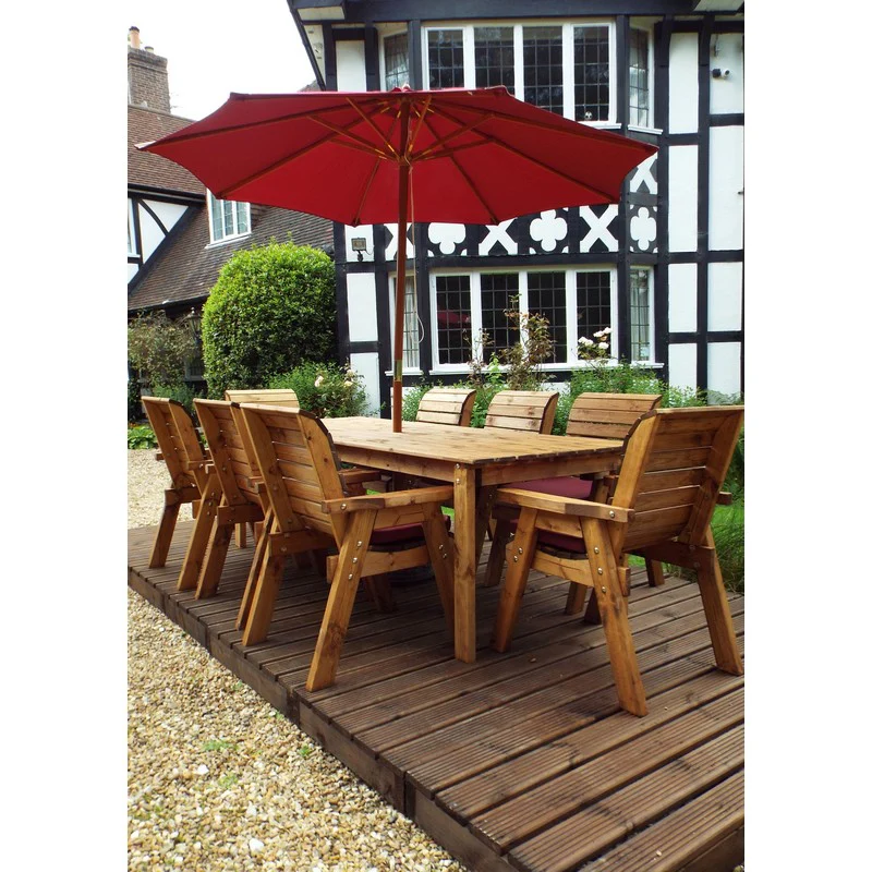 Scandinavian Redwood Garden Patio Dining Set by Charles Taylor - 8 Seats Burgundy Cushions - Image 4