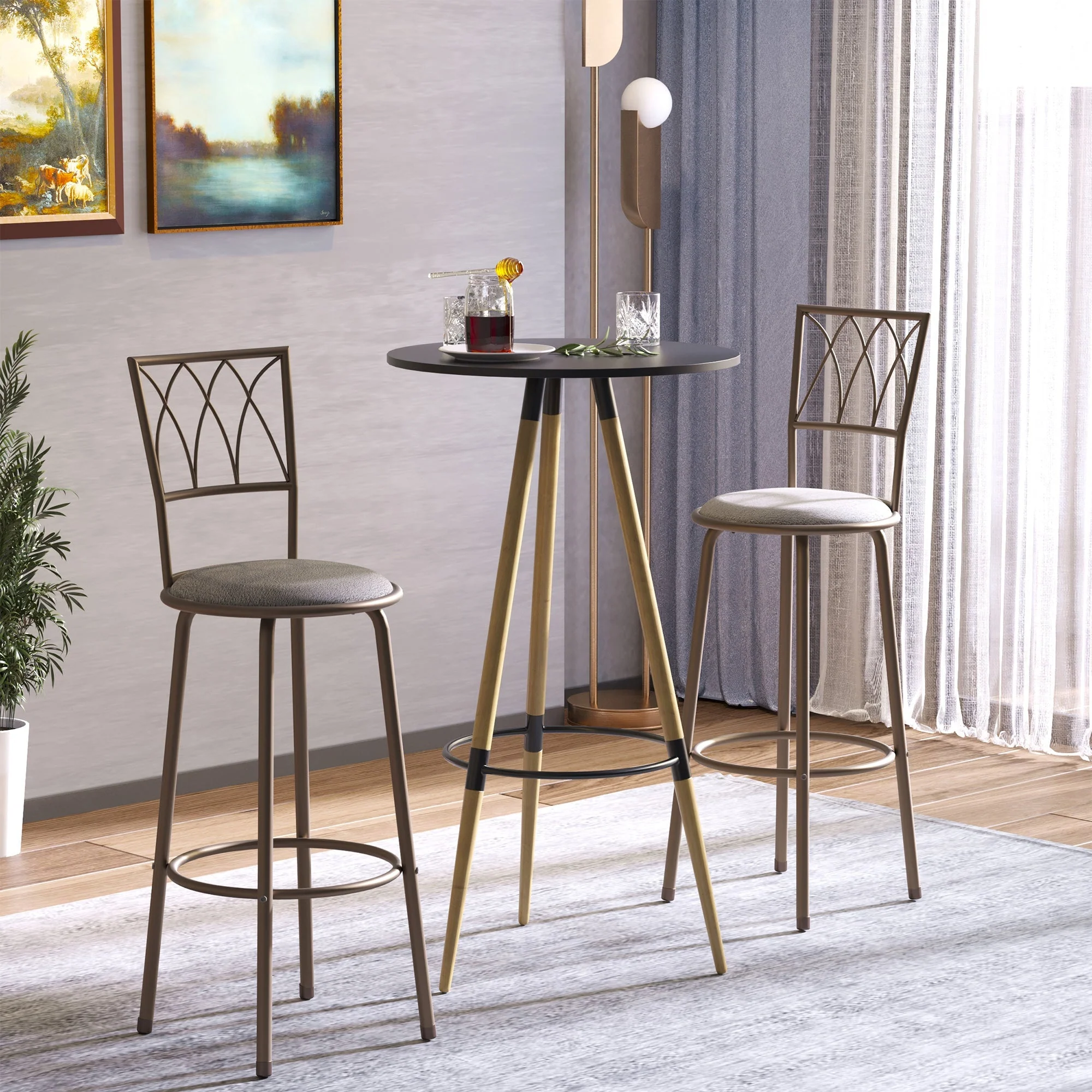 Set of 2 Bar Chairs Swivel Armless Upholstered Metal Frame Barstools with Backrest & Footrest - Image 2