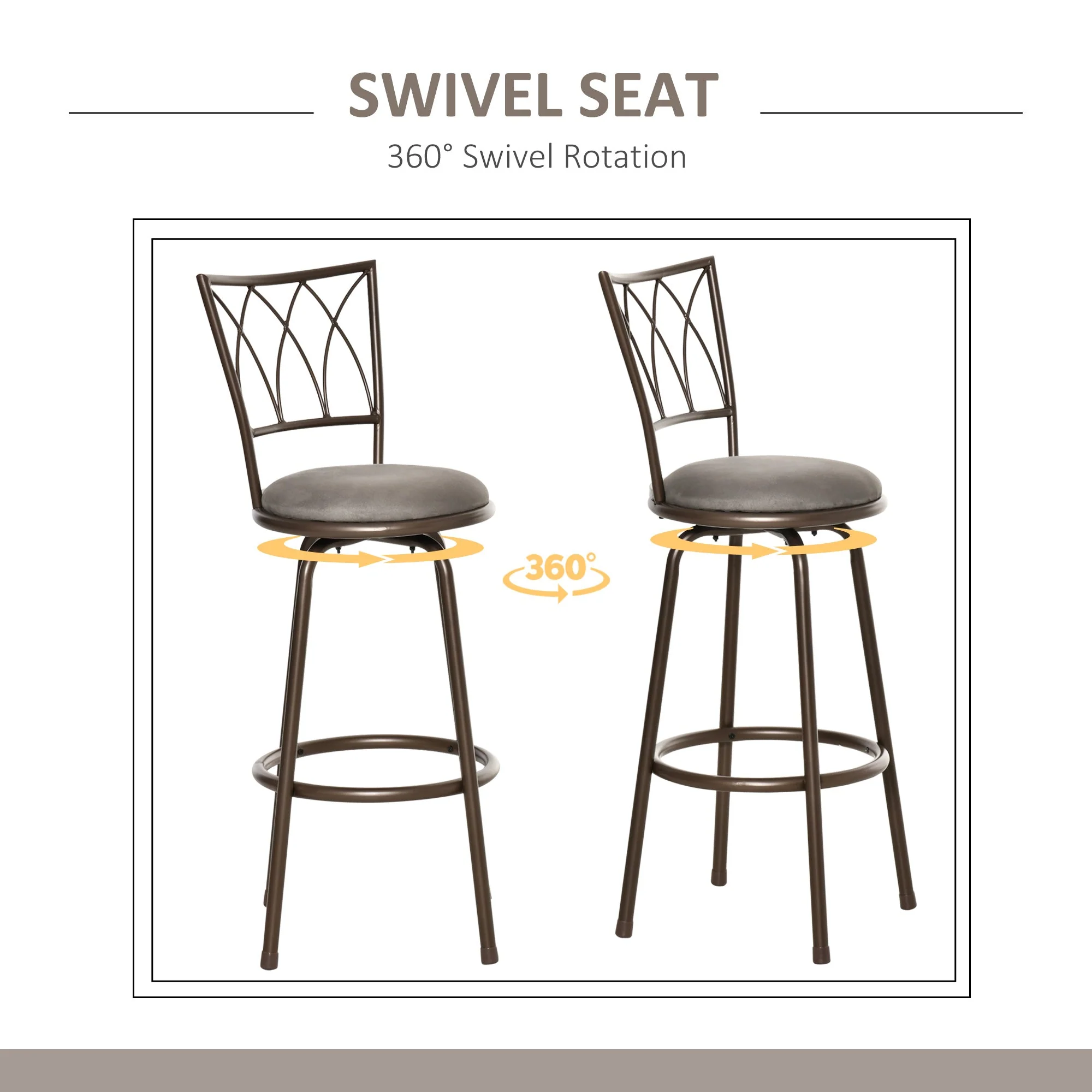 Set of 2 Bar Chairs Swivel Armless Upholstered Metal Frame Barstools with Backrest & Footrest - Image 4