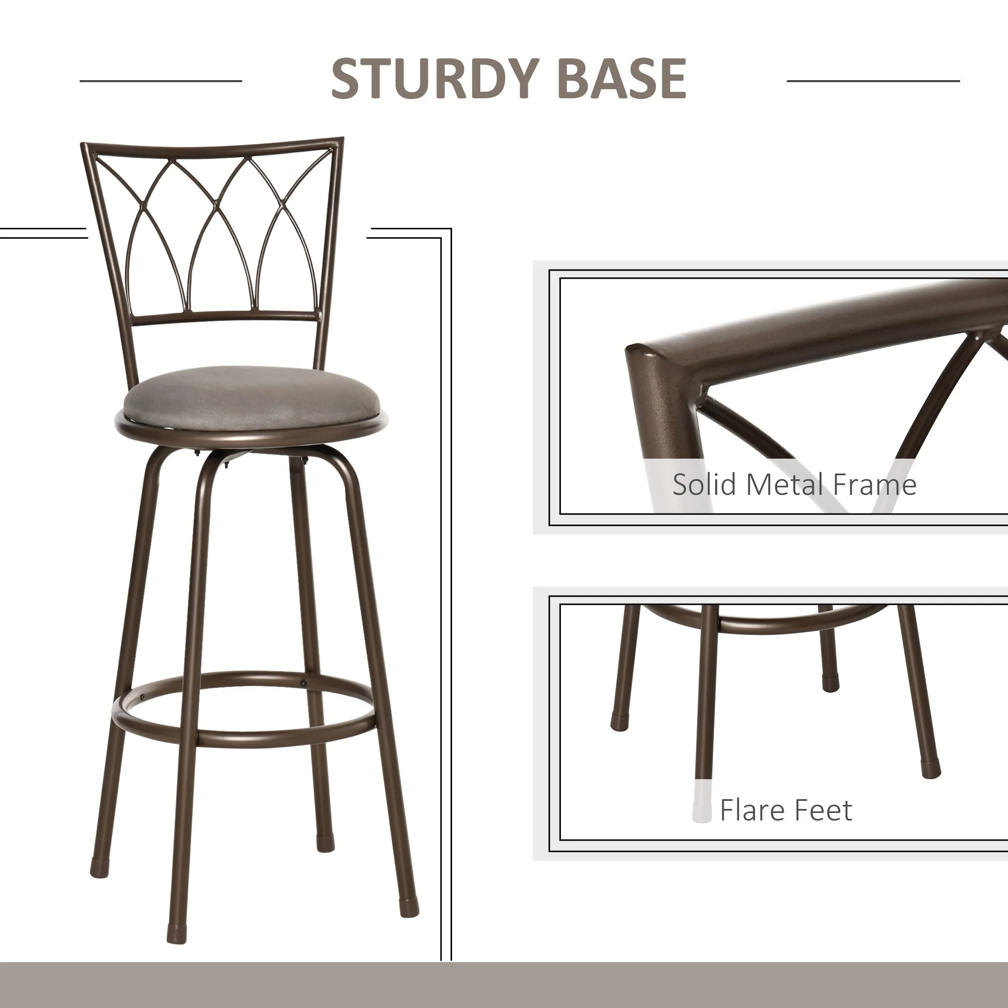 Set of 2 Bar Chairs Swivel Armless Upholstered Metal Frame Barstools with Backrest & Footrest - Image 6