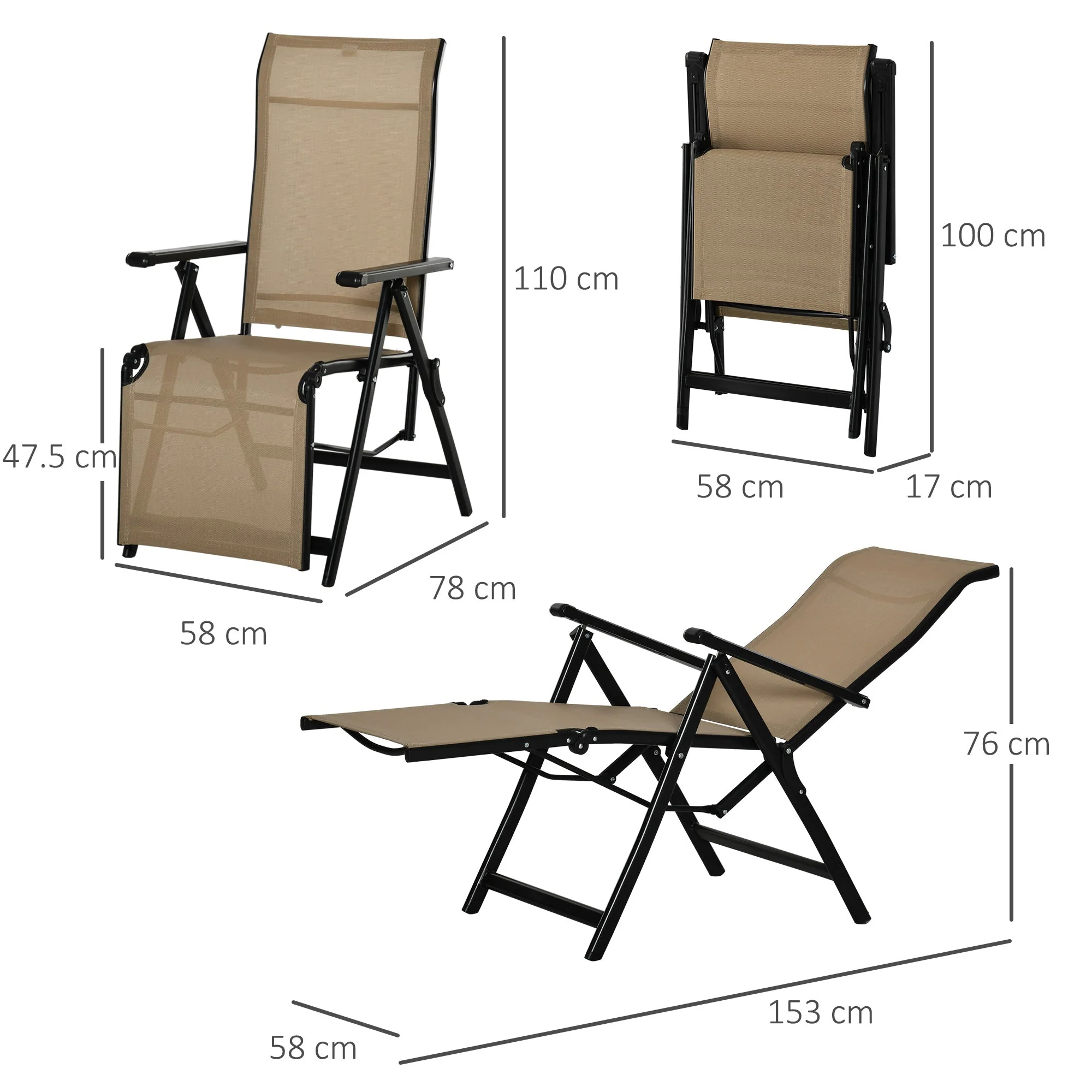 Set of 2 Outdoor Sun Lounger Adjustable Folding Steel Chaise Reclining Lounge Chairs with 10 Back and Leg Positions - Image 3