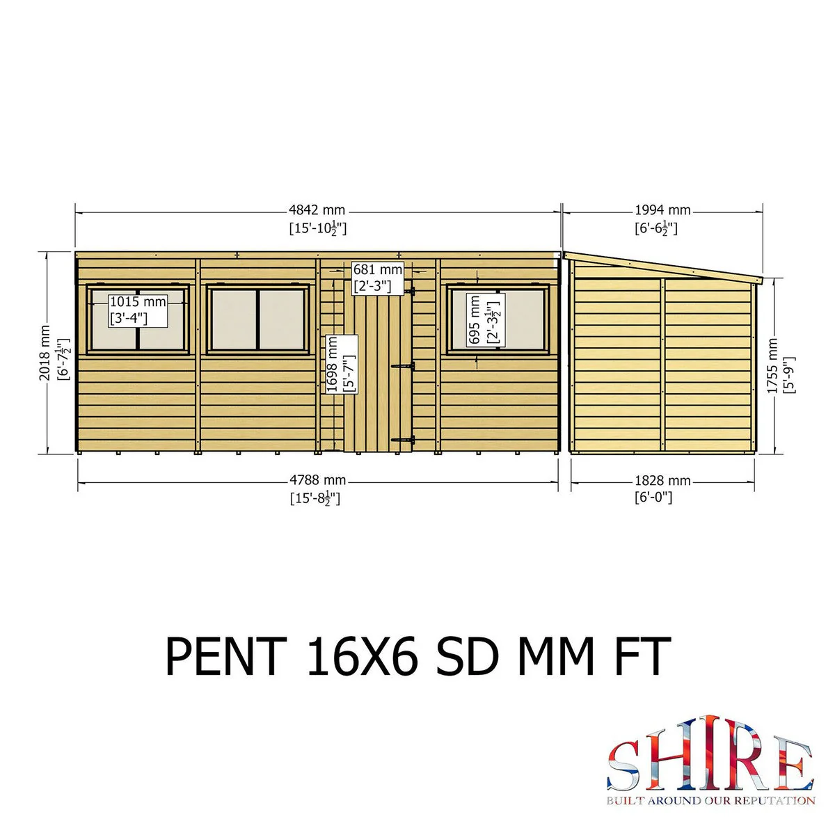 Shire 6' 6" x 15' 10" Pent Shed - Premium Dip Treated Shiplap - Image 9