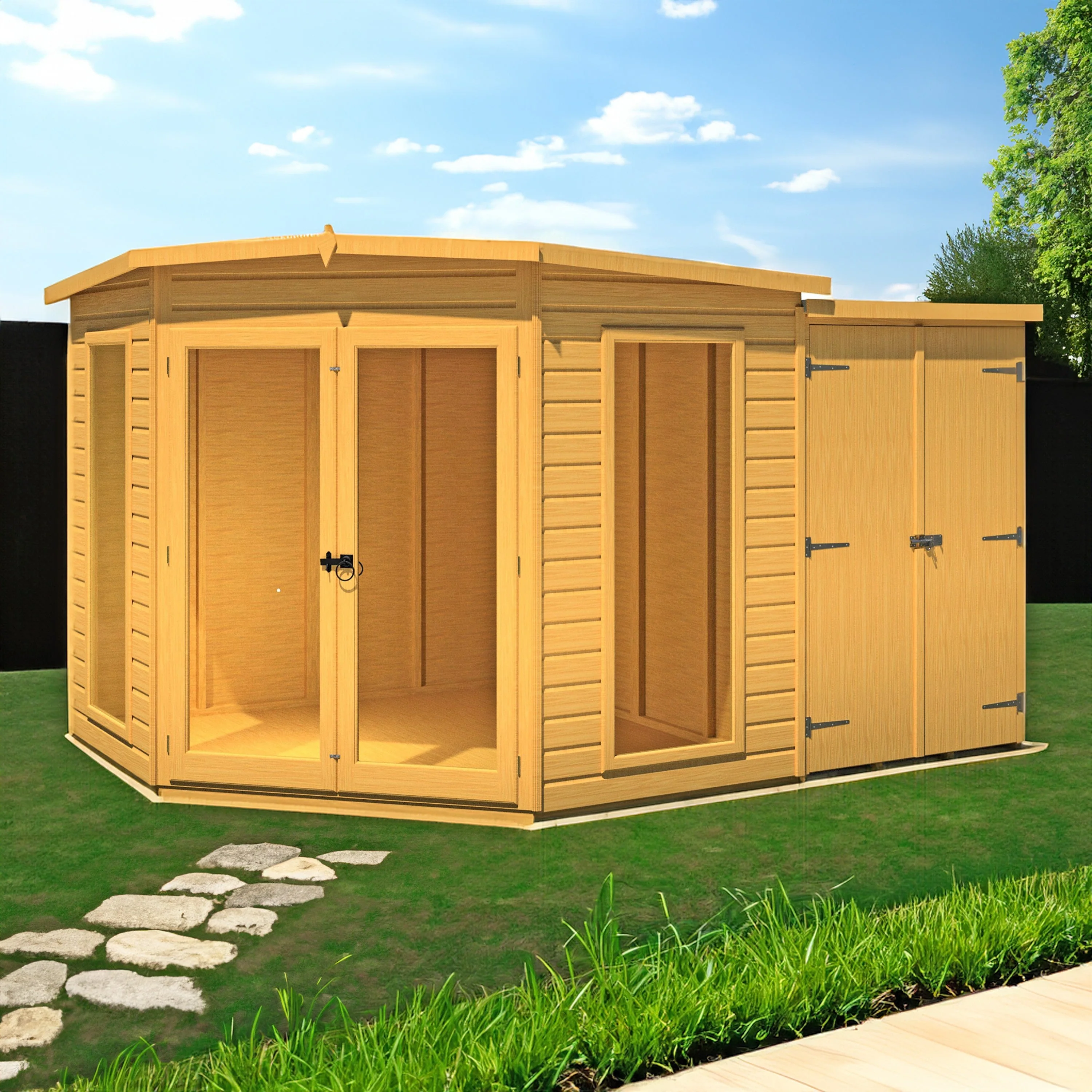 Shire Barclay 3' 9" x 6' 8" Pent Summerhouse with Side Shed - Premium Coated Shiplap