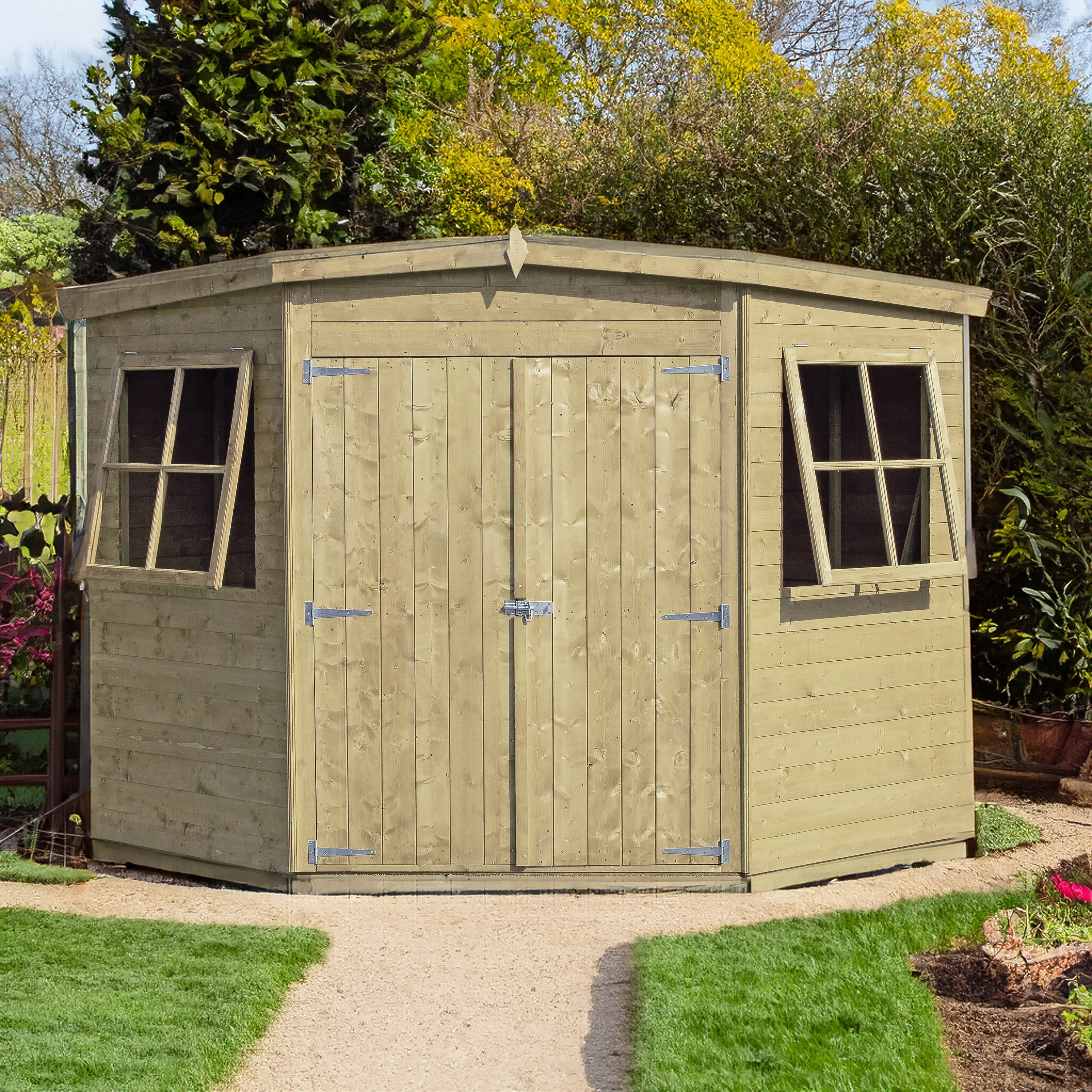 Corner 7' 1" x 7' 4" Flat Shed - Premium Pressure Treated Shiplap