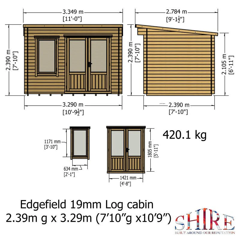 Shire Edgefield 10' 9" x 7' 10" Pent Log Cabin - Premium 19mm Cladding Log Clad - Image 7