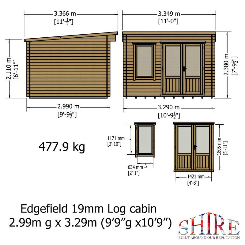 Shire Edgefield 10' 9" x 9' 9" Pent Log Cabin - Premium 19mm Cladding Log Clad - Image 10