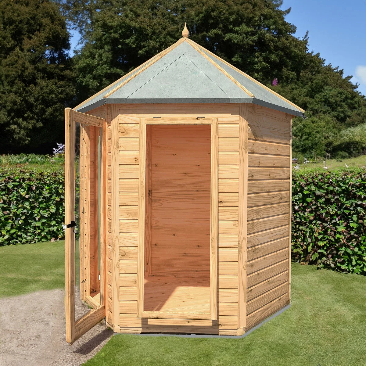 Shire Kendall 6' 10" x 7' 10" Hexagonal Hip Summerhouse - Premium Dip Treated Tongue & Groove - Image 3