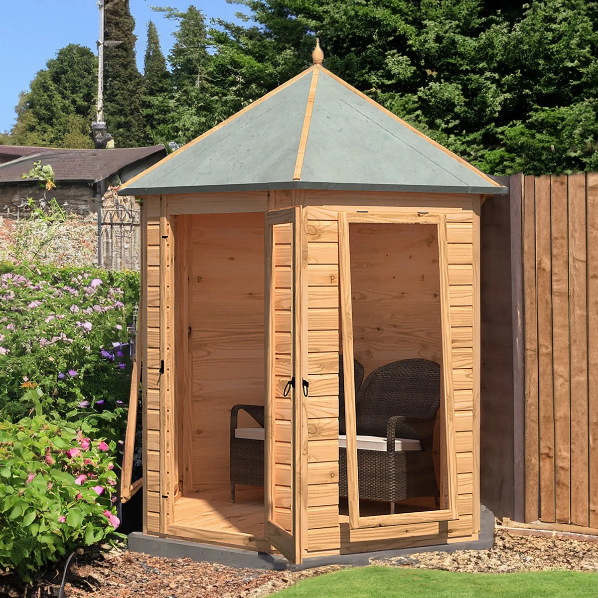 Shire Kendall 6' 10" x 7' 10" Hexagonal Hip Summerhouse - Premium Dip Treated Tongue & Groove - Image 4