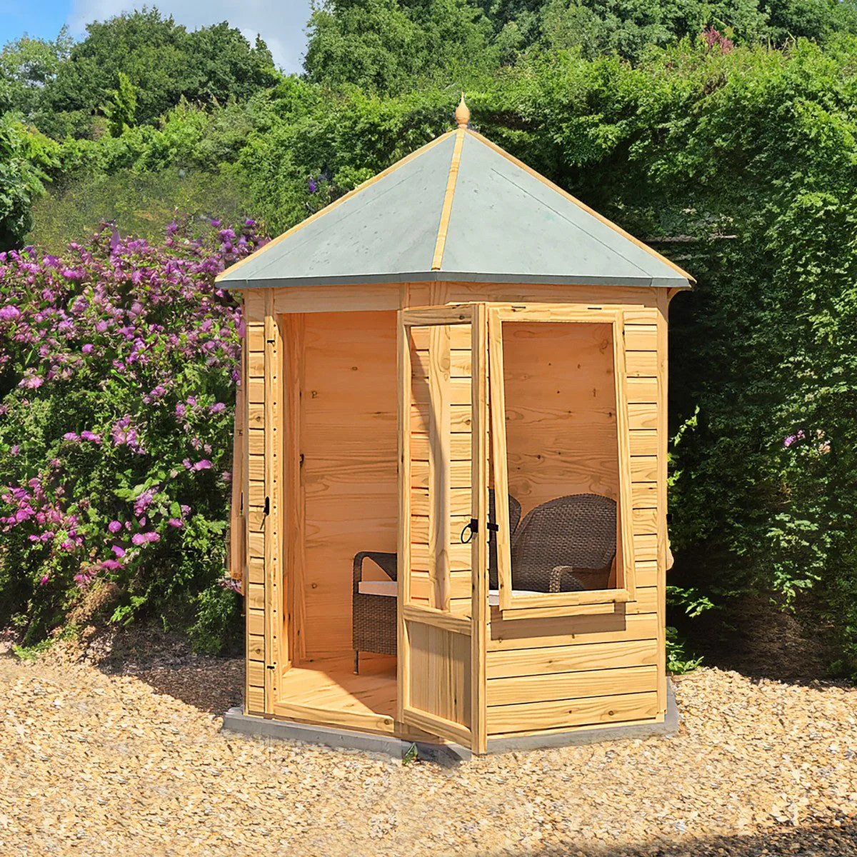 Shire Keswick 6' 10" x 7' 10" Hexagonal Hip Summerhouse - Premium Dip Treated Shiplap - Image 3