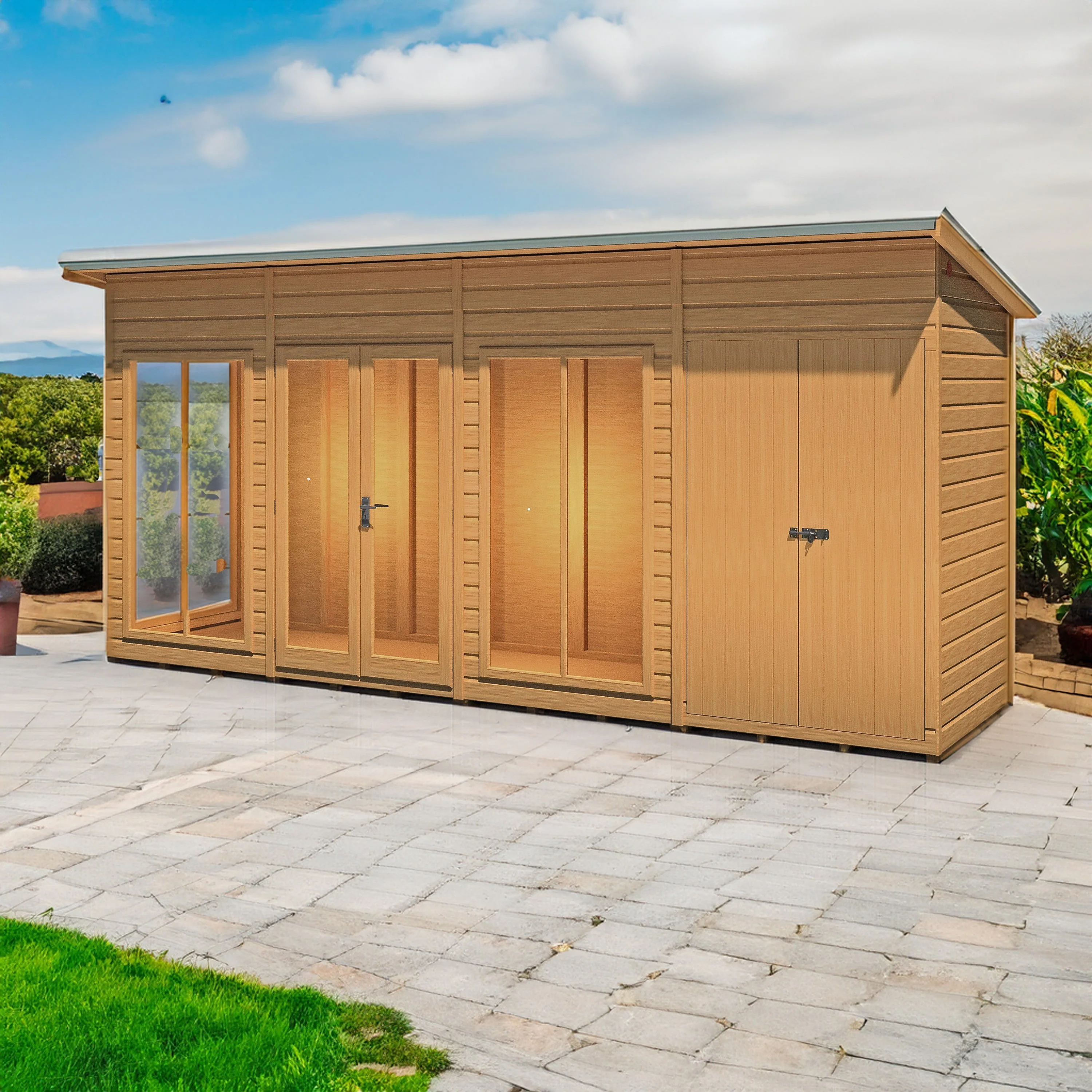 Shire Lela 3' 10" x 15' 7" Pent Summerhouse with Side Shed - Premium Dip Treated Shiplap