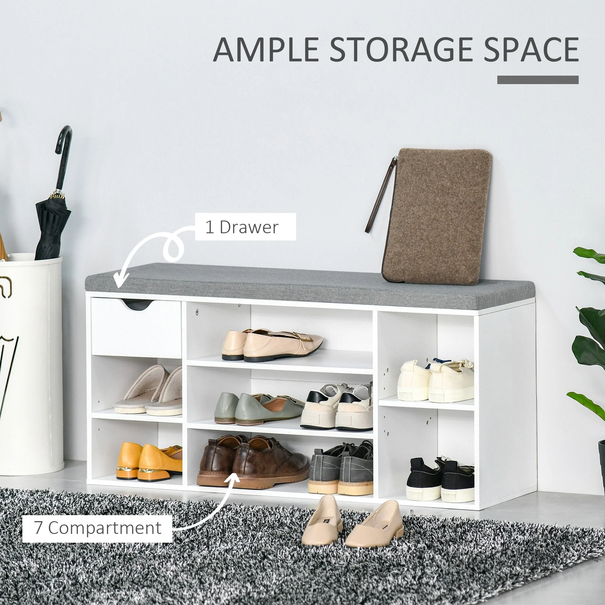 Shoe Storage Bench w/ Cushion 7 Compartments Adjustable Shelves White and Grey - Image 4