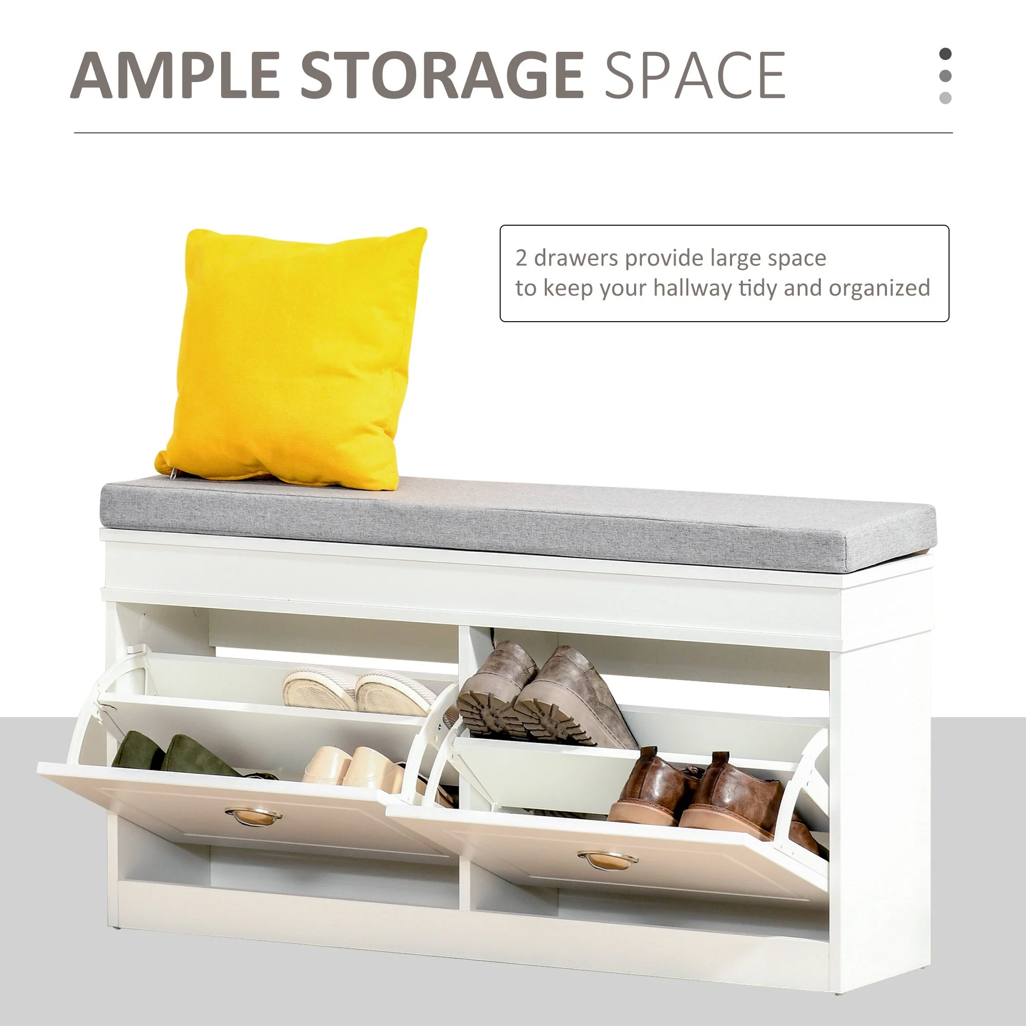 Shoe Storage Bench with Seat Cushion Cabinet Organizer with 2 Drawers White - Image 3