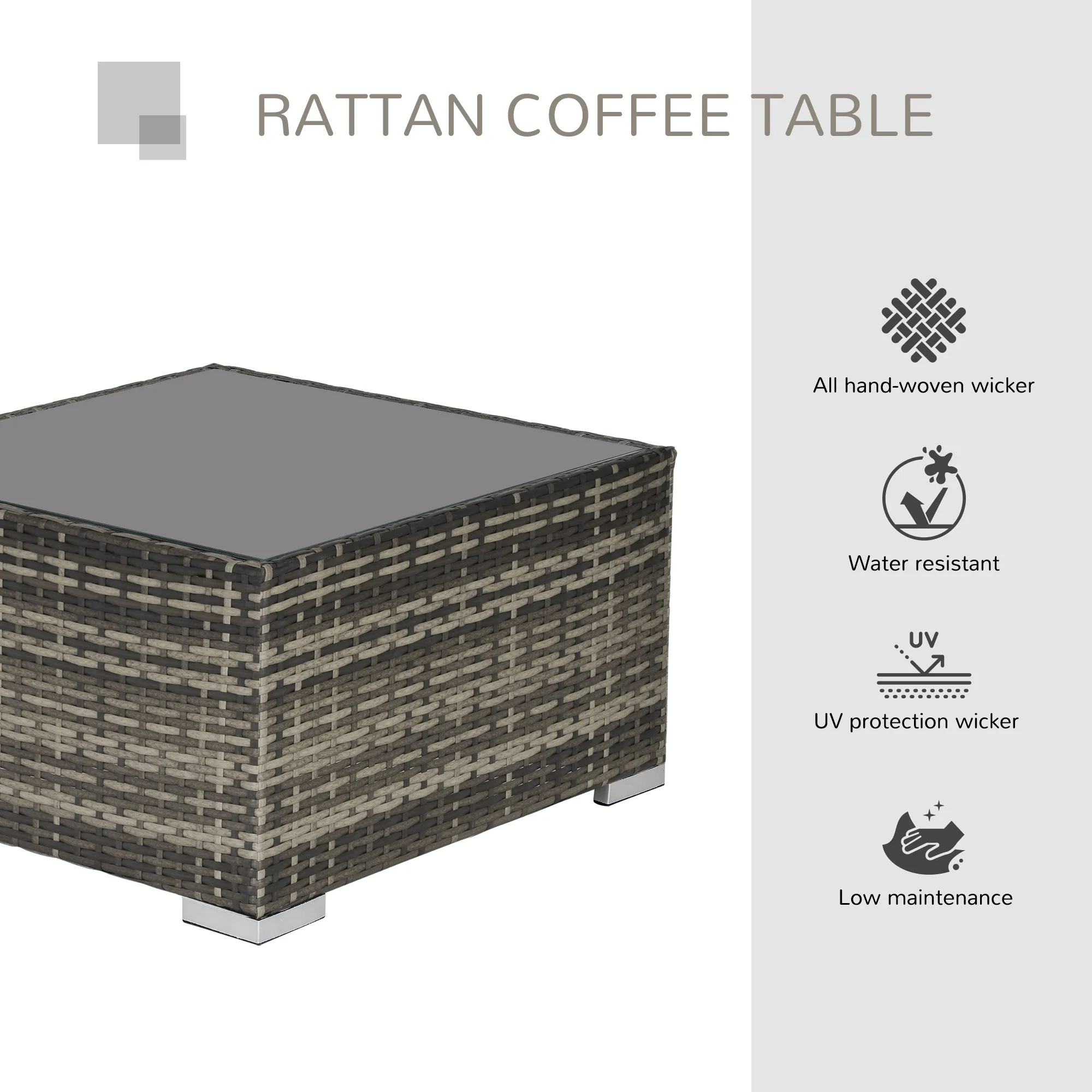 Square PE Wicker Rattan Table with Glass Top - Dark Grey - Image 4