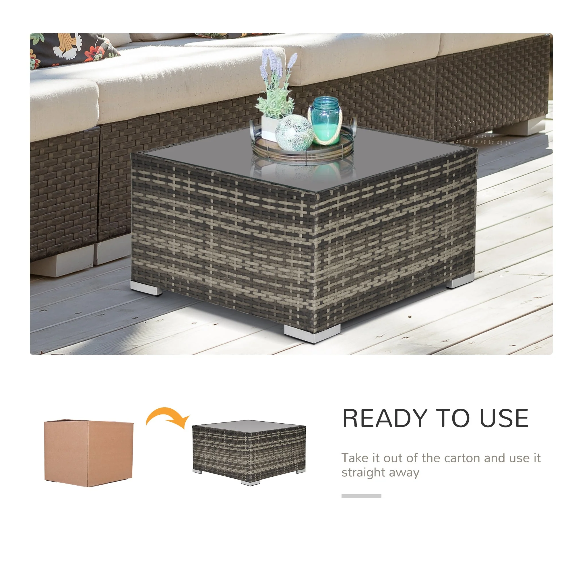 Square PE Wicker Rattan Table with Glass Top - Dark Grey - Image 6