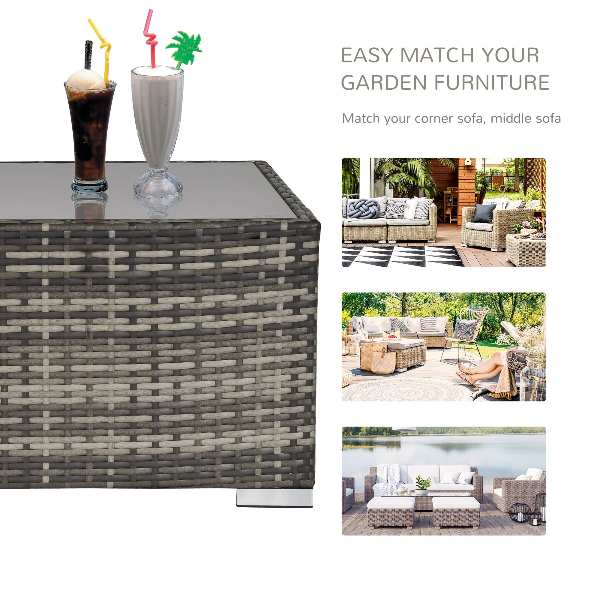 Square PE Wicker Rattan Table with Glass Top - Dark Grey - Image 7