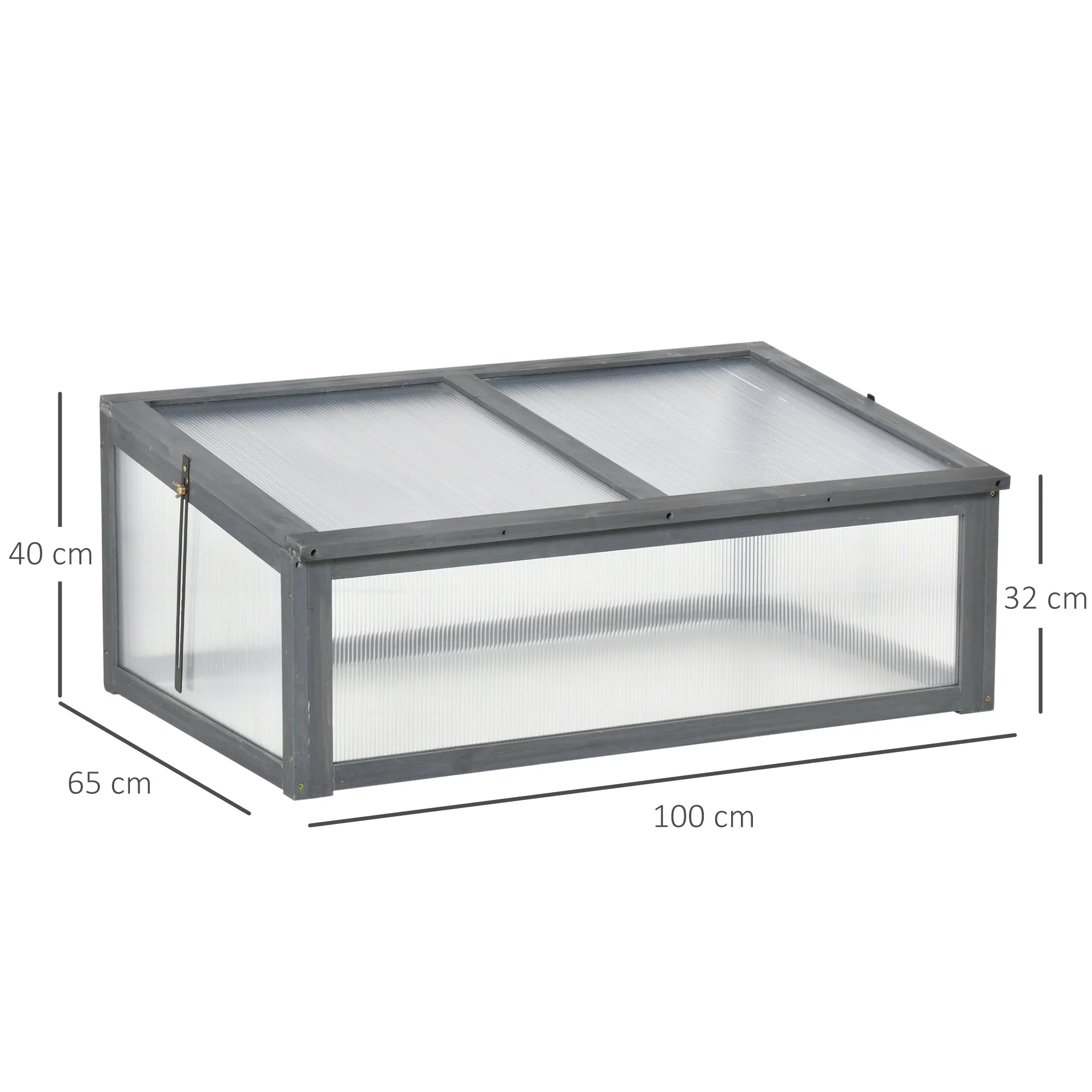 Square Wooden Outdoor Greenhouse w/ Openable Cover PC Board 100 x 65 x 40cm Grey - Image 3