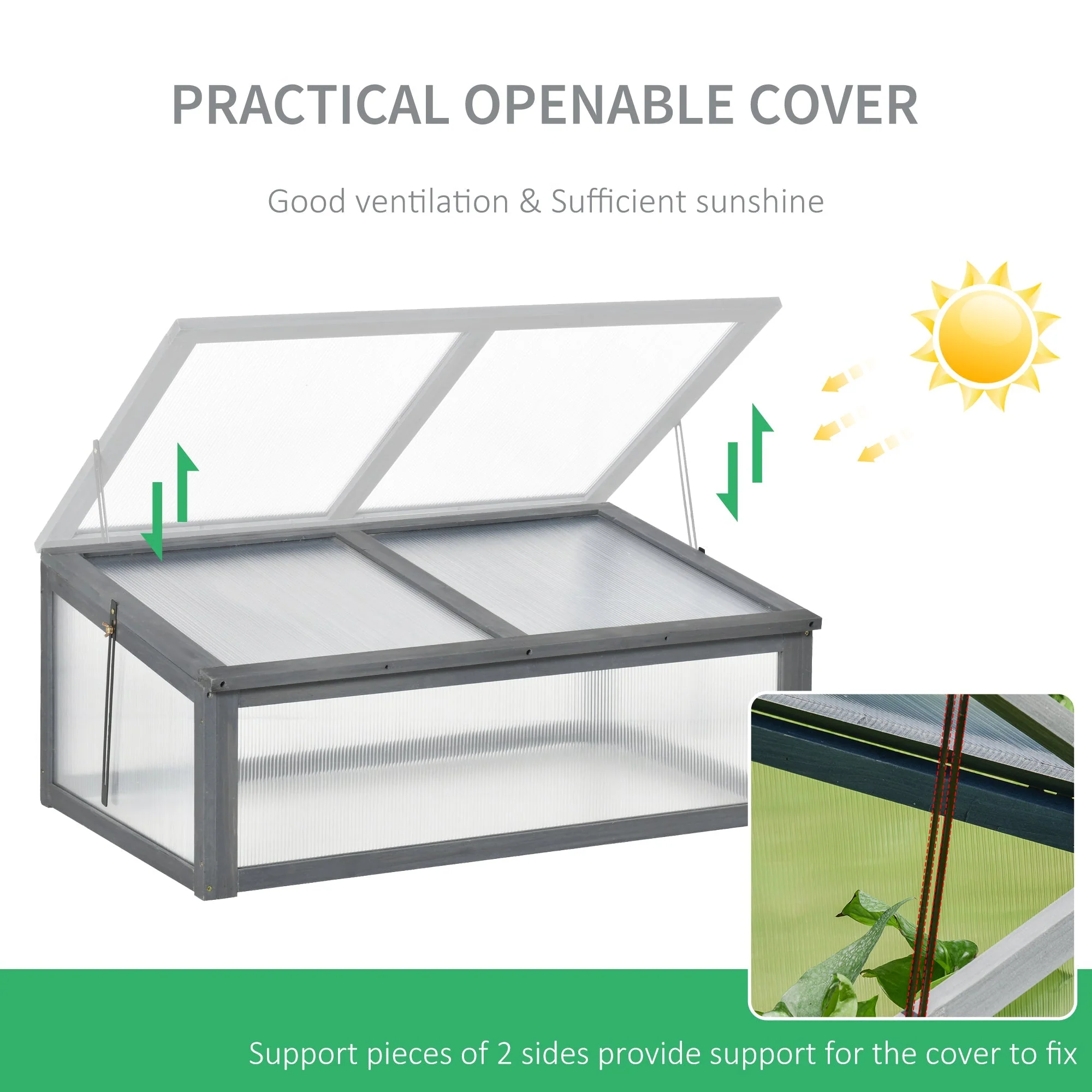 Square Wooden Outdoor Greenhouse w/ Openable Cover PC Board 100 x 65 x 40cm Grey - Image 4