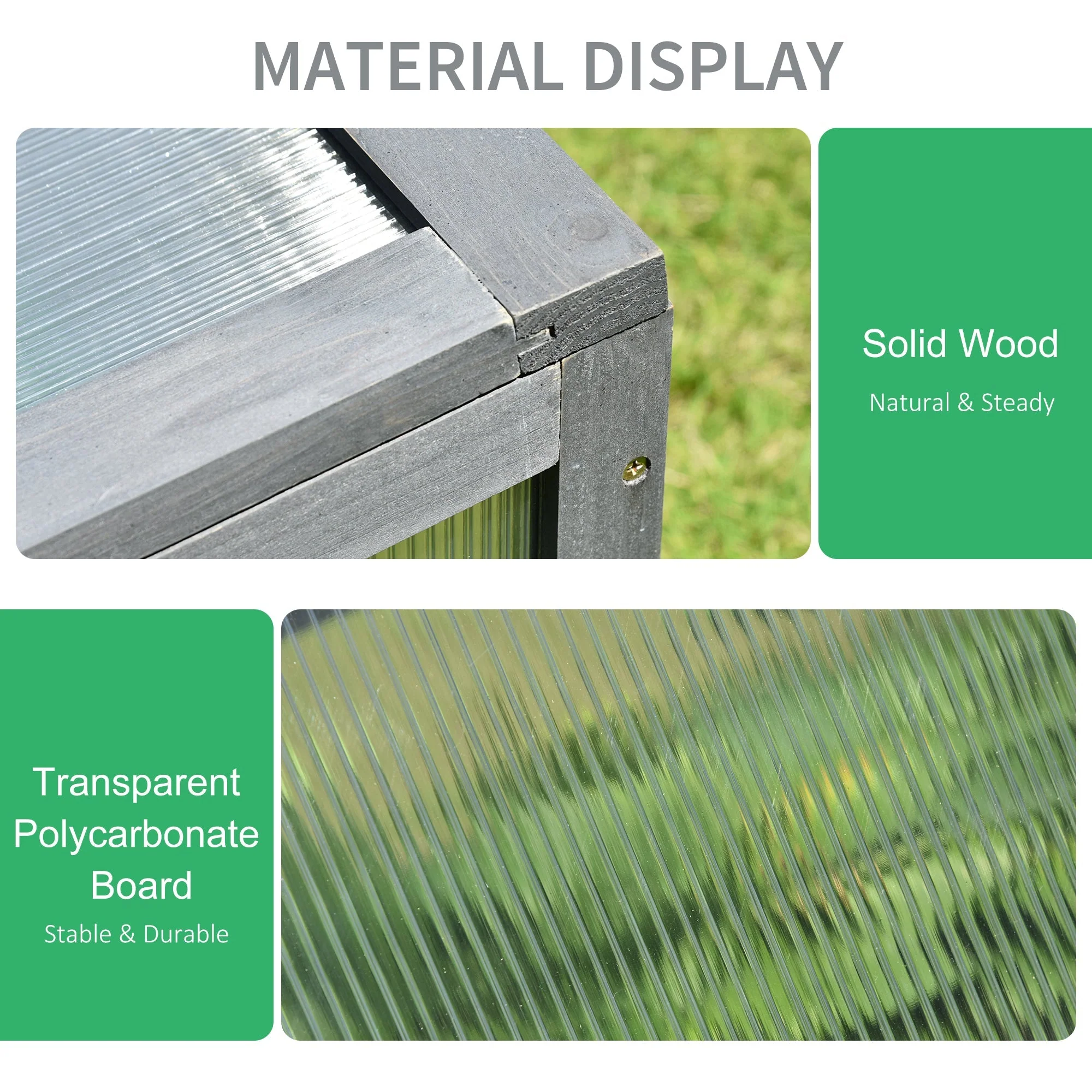 Square Wooden Outdoor Greenhouse w/ Openable Cover PC Board 100 x 65 x 40cm Grey - Image 6