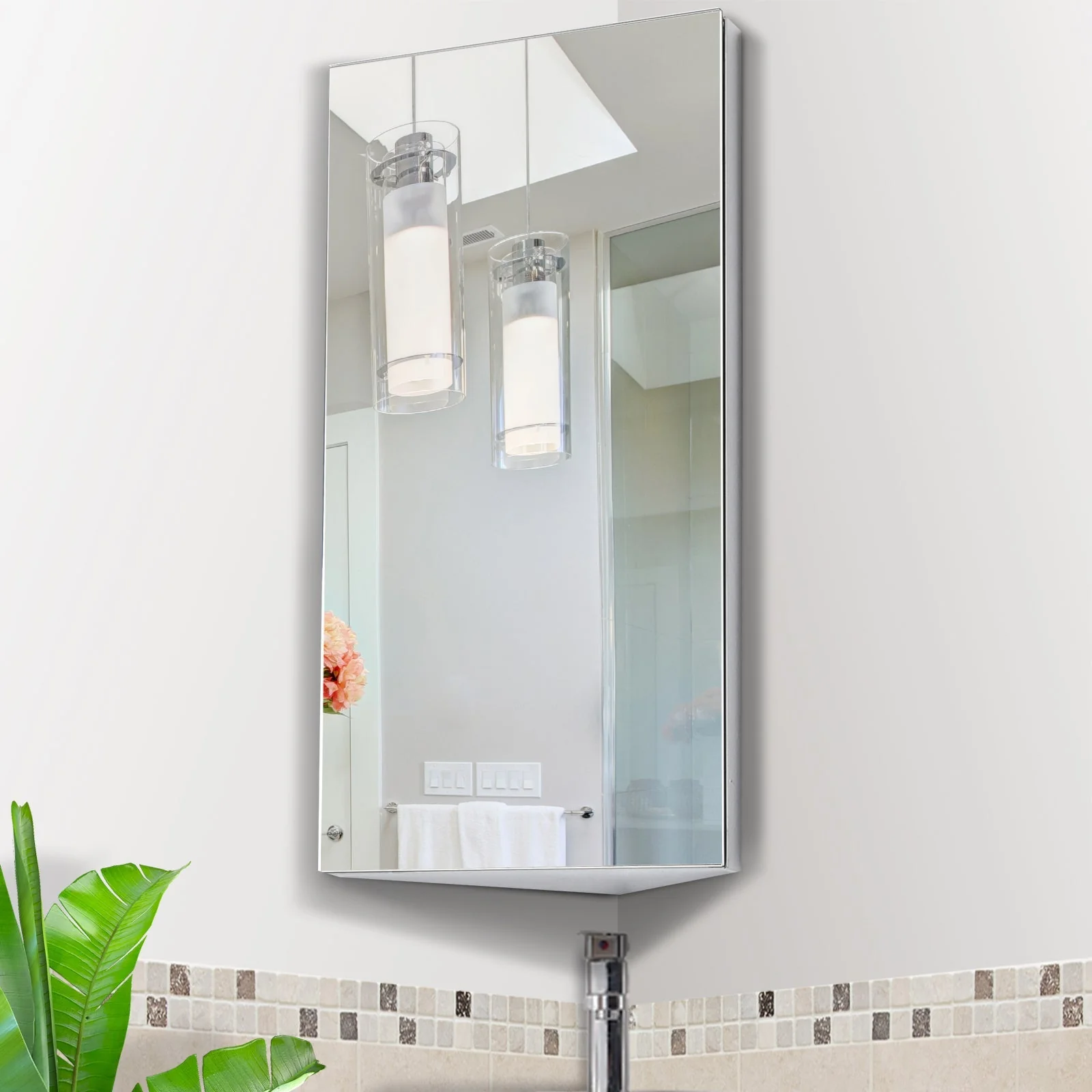 Stainless Steel Wall mounted Bathroom Corner Mirror Storage Cabinet Single Door 300mm W - Image 2