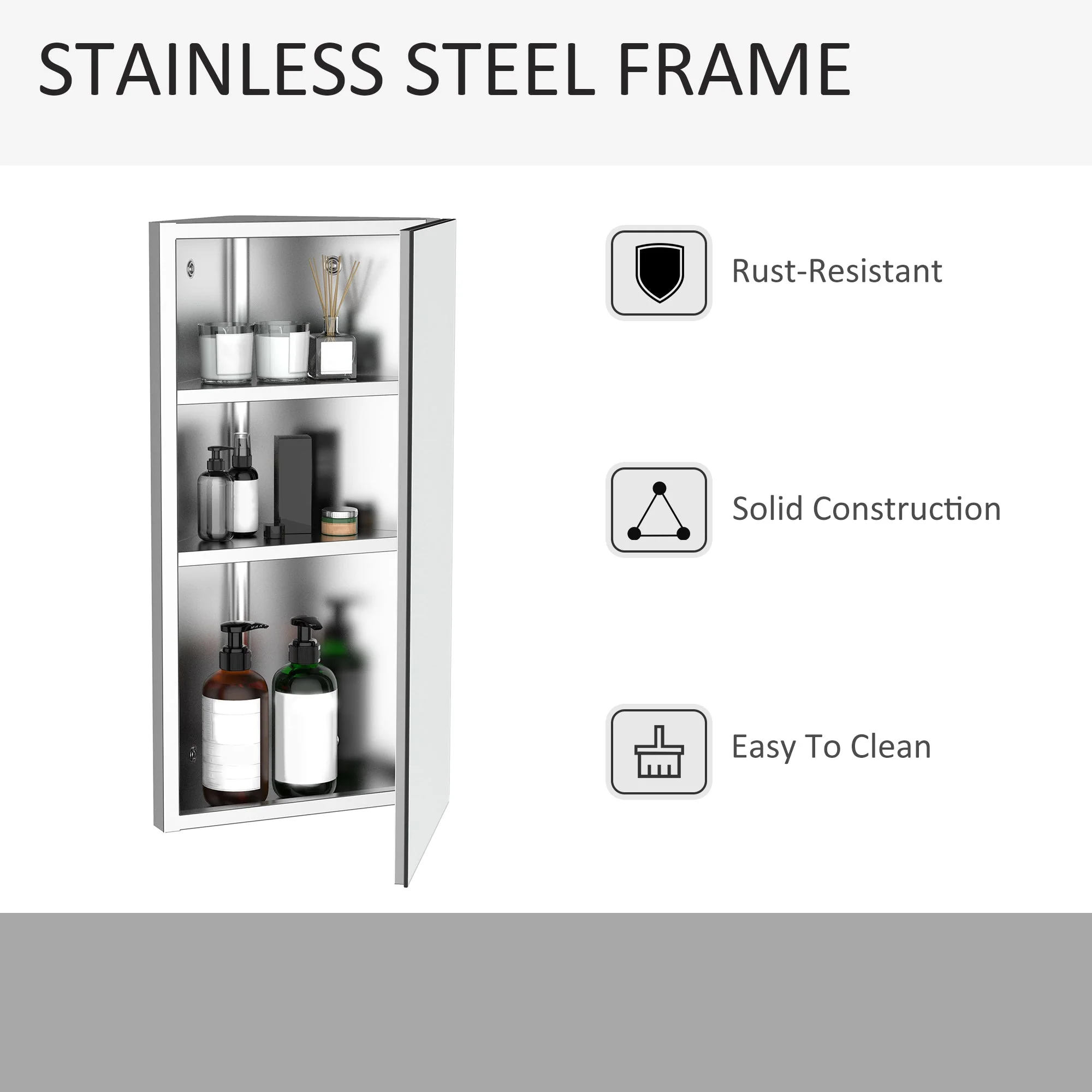Stainless Steel Wall mounted Bathroom Corner Mirror Storage Cabinet Single Door 300mm W - Image 6