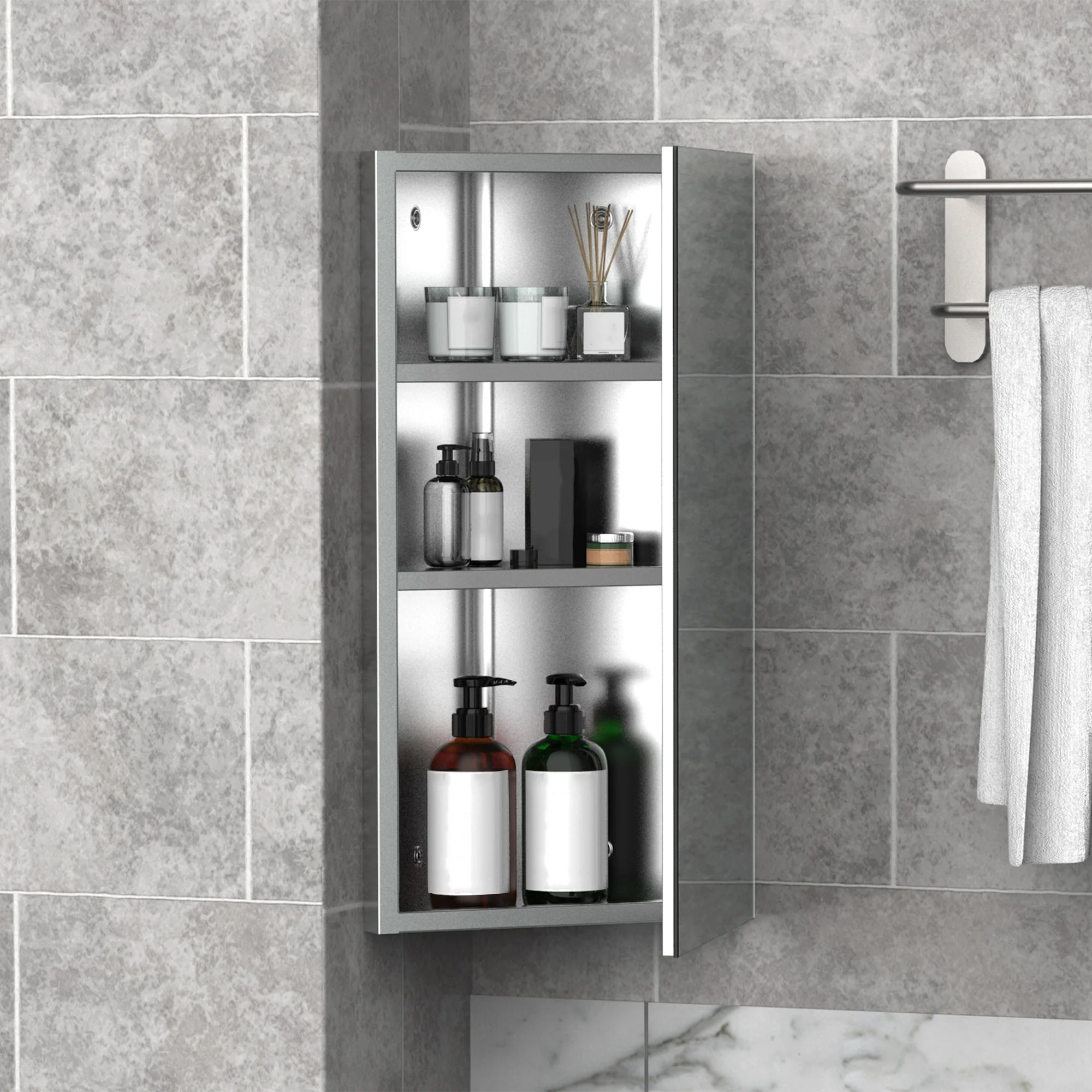 Stainless Steel Wall mounted Bathroom Corner Mirror Storage Cabinet Single Door 300mm W - Image 9
