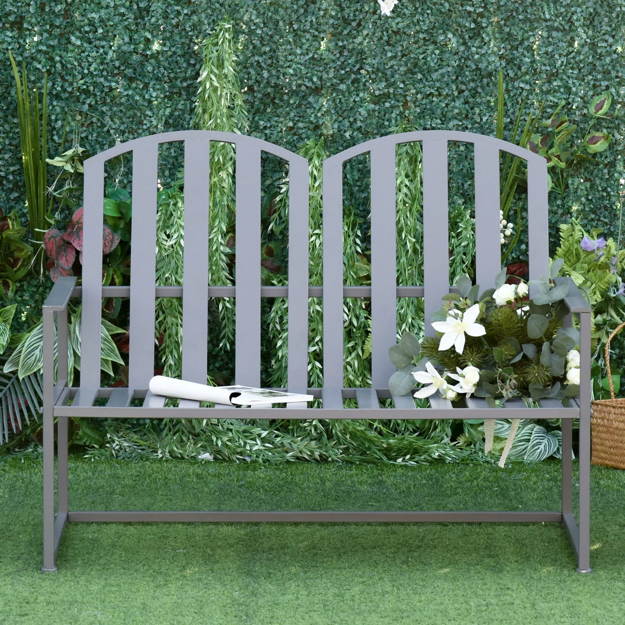 Steel Patio Garden Bench Loveseats for Outdoors Park Yard Slatted Design Grey - Image 4