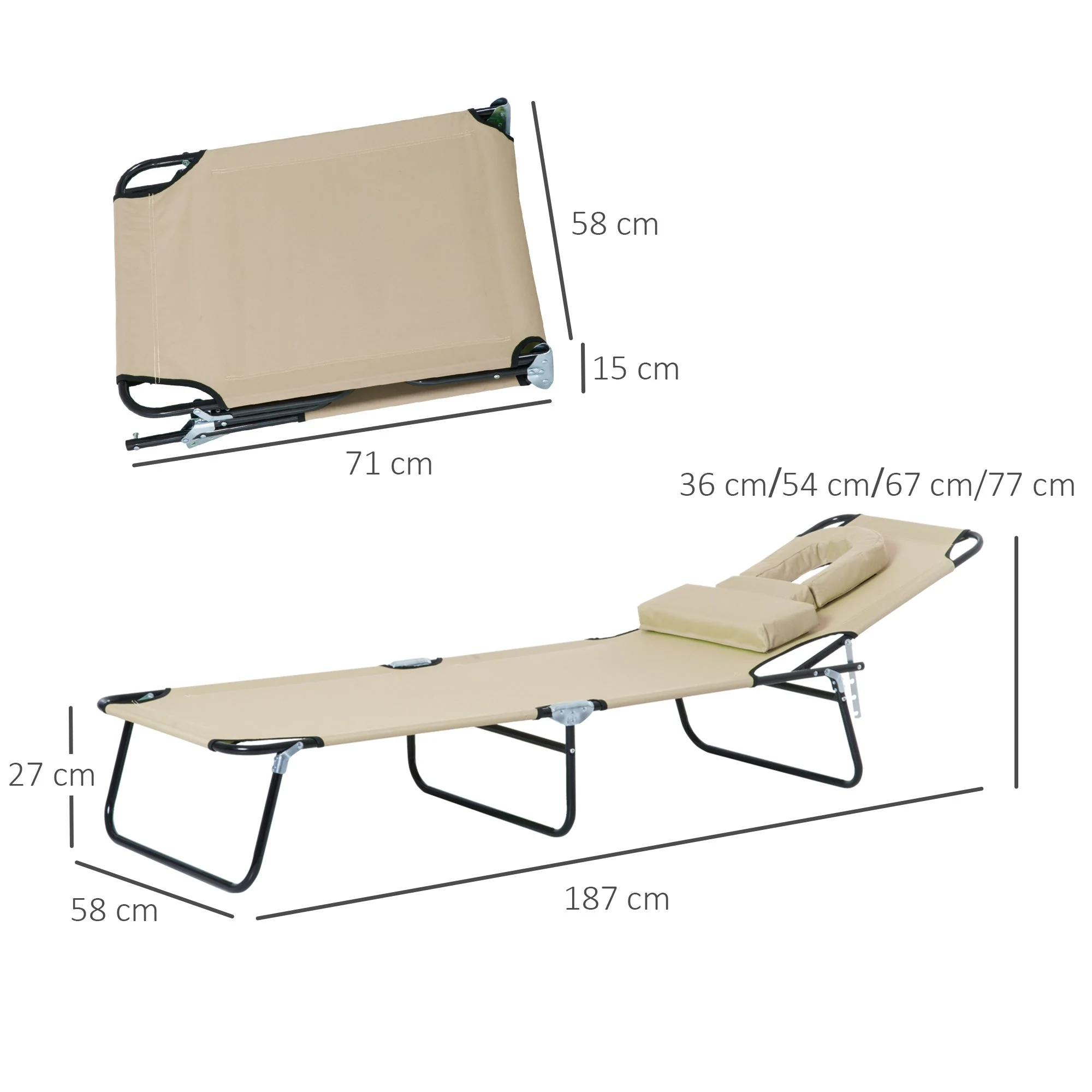 Sun Lounger Foldable Reclining Chair with Pillow and Reading Hole Garden Beach Outdoor Recliner Adjustable Beige - Image 2