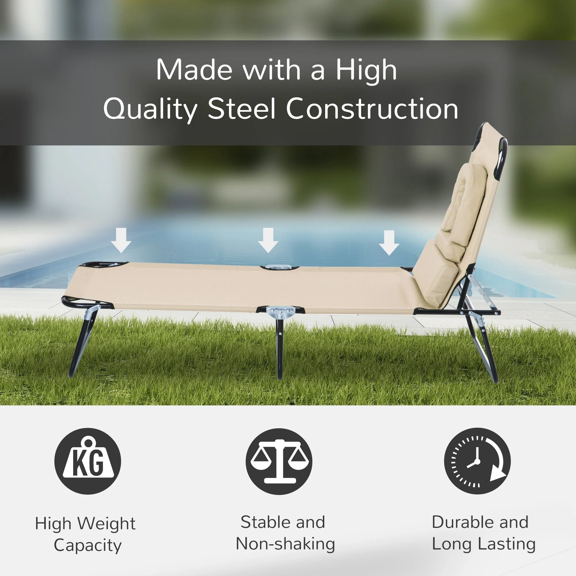 Sun Lounger Foldable Reclining Chair with Pillow and Reading Hole Garden Beach Outdoor Recliner Adjustable Beige - Image 5