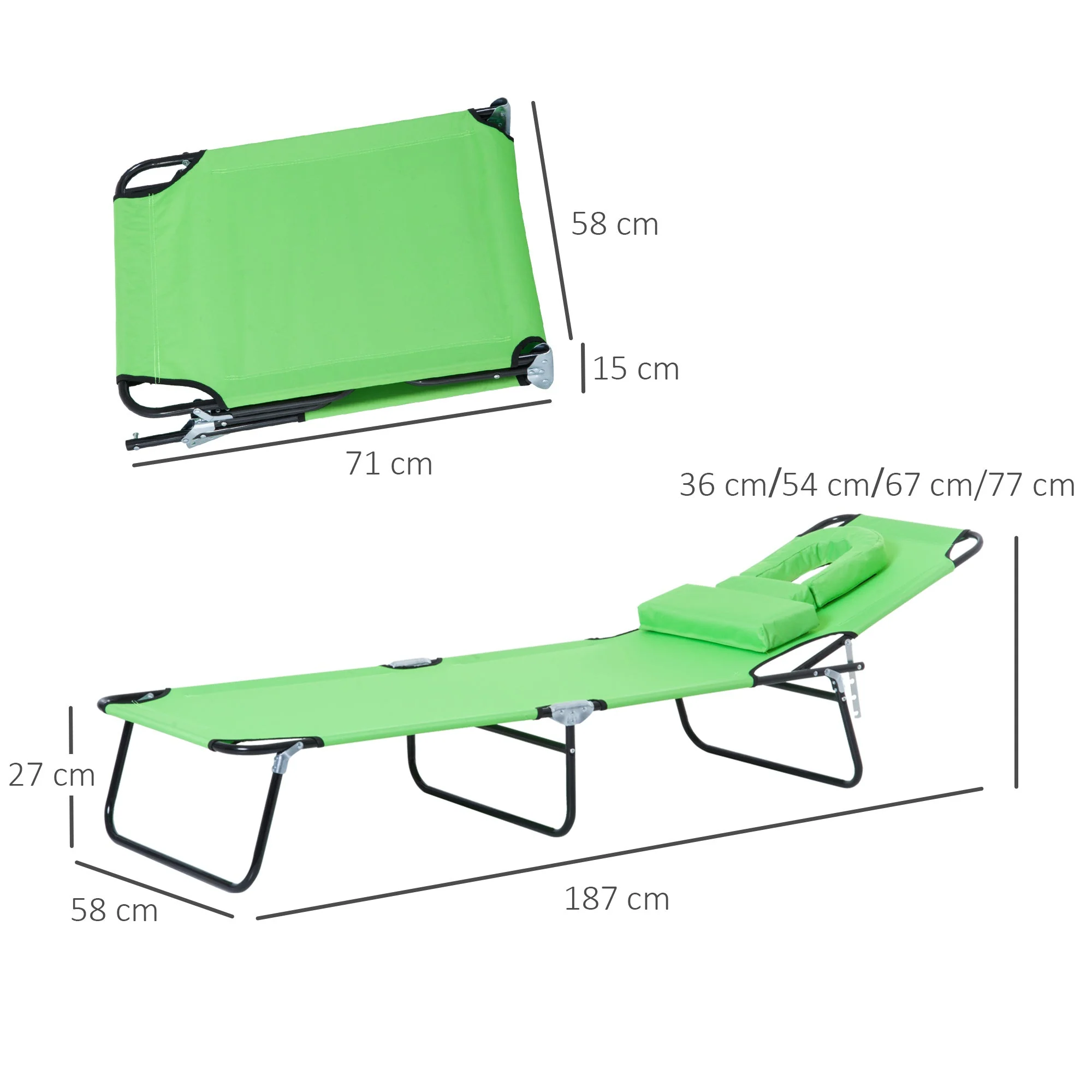 Sun Lounger Foldable Reclining Chair with Pillow and Reading Hole Garden Beach Outdoor Recliner Adjustable Green - Image 2