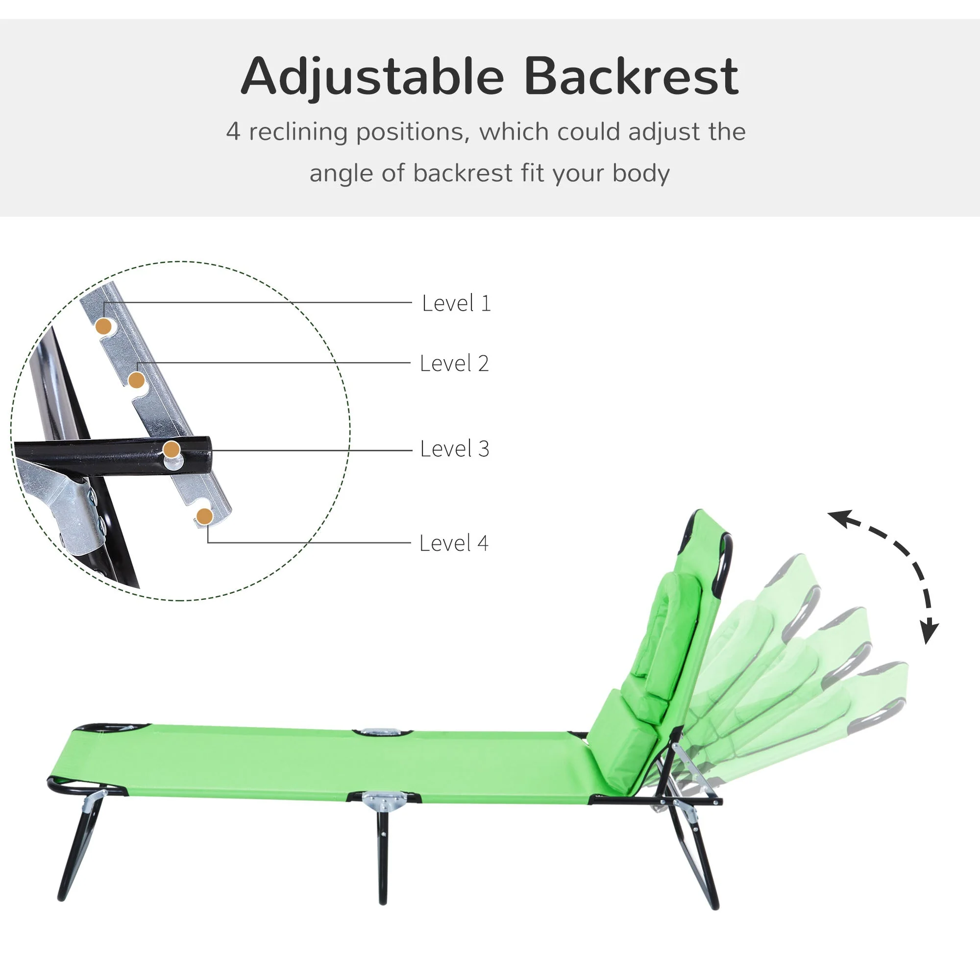 Sun Lounger Foldable Reclining Chair with Pillow and Reading Hole Garden Beach Outdoor Recliner Adjustable Green - Image 3