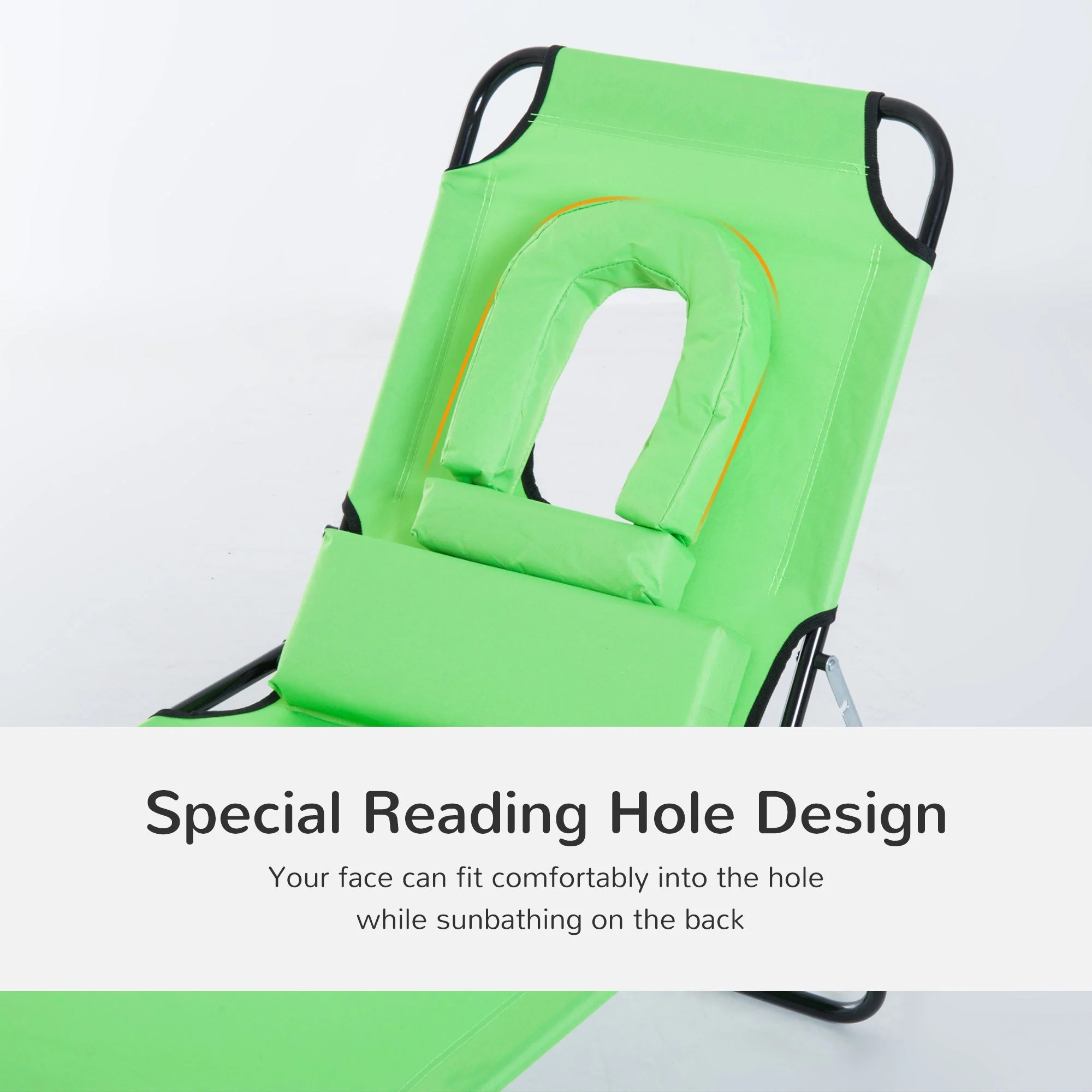 Sun Lounger Foldable Reclining Chair with Pillow and Reading Hole Garden Beach Outdoor Recliner Adjustable Green - Image 6