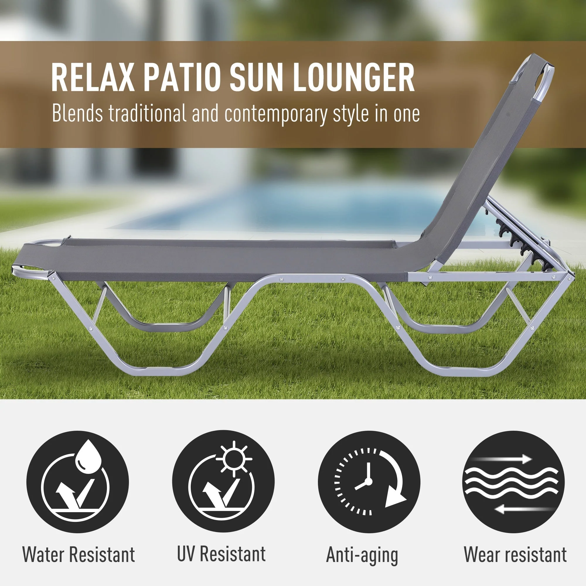 Sun Lounger Relaxer Recliner w/ 5-Position Adjustable Backrest Pool Sun Bathing - Image 4