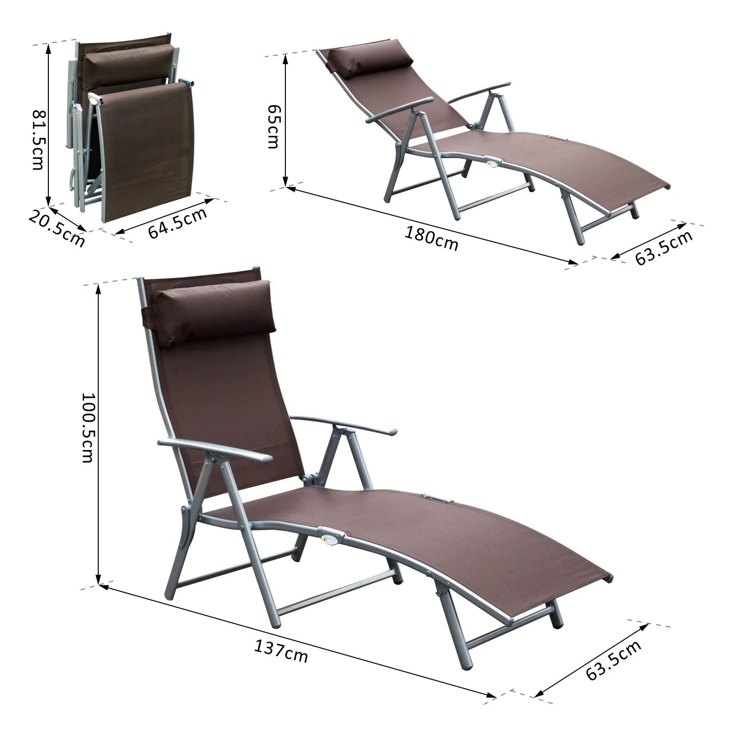 Sun Lounger Steel Frame Outdoor Folding Chaise Texteline Lounge Chair Recliner with Headrest & 7 Levels Adjustable Backrest - Image 3