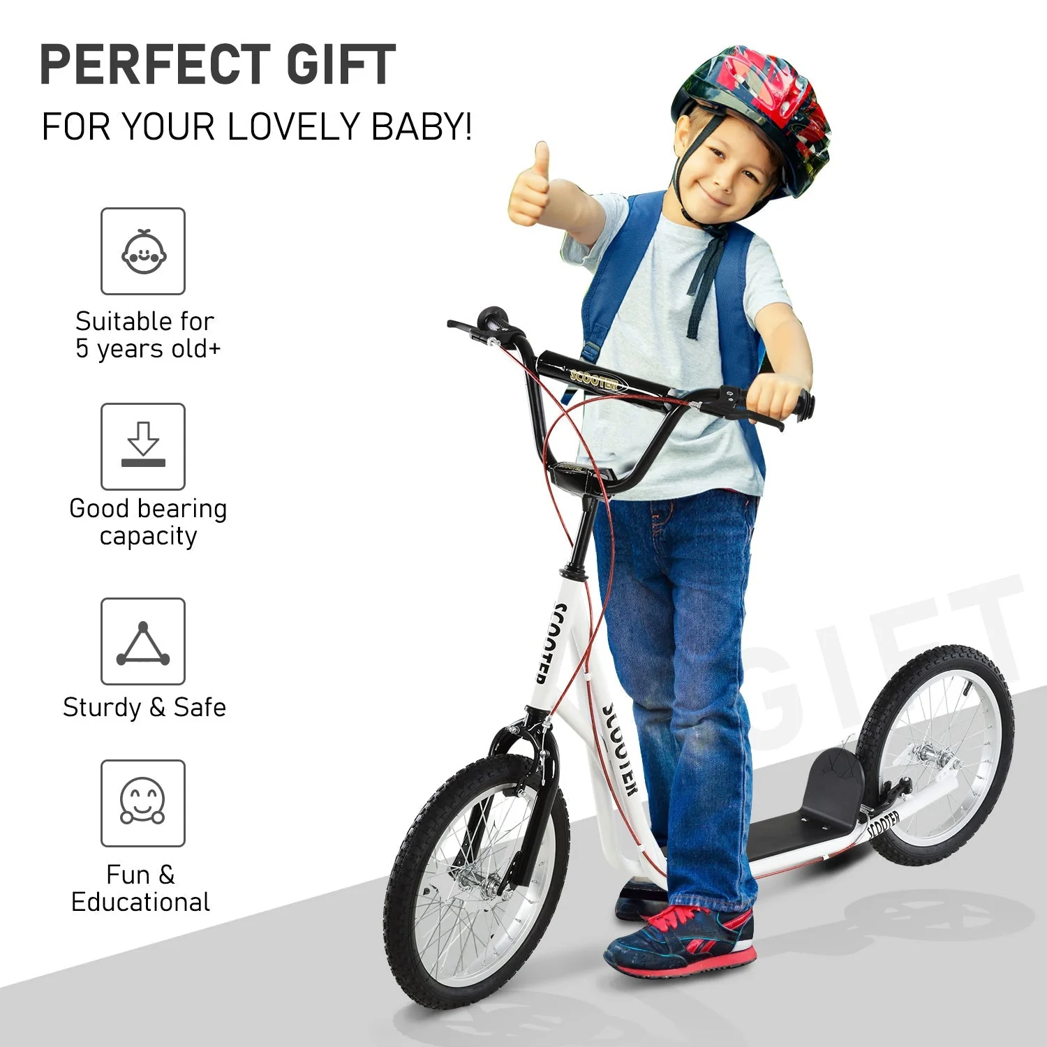Teen Kids Stunt Scooter Children Kick Scooter Adjustable Handlebar 2 Brakes Ride On 16 Inch Rubber Tyres White - Image 7