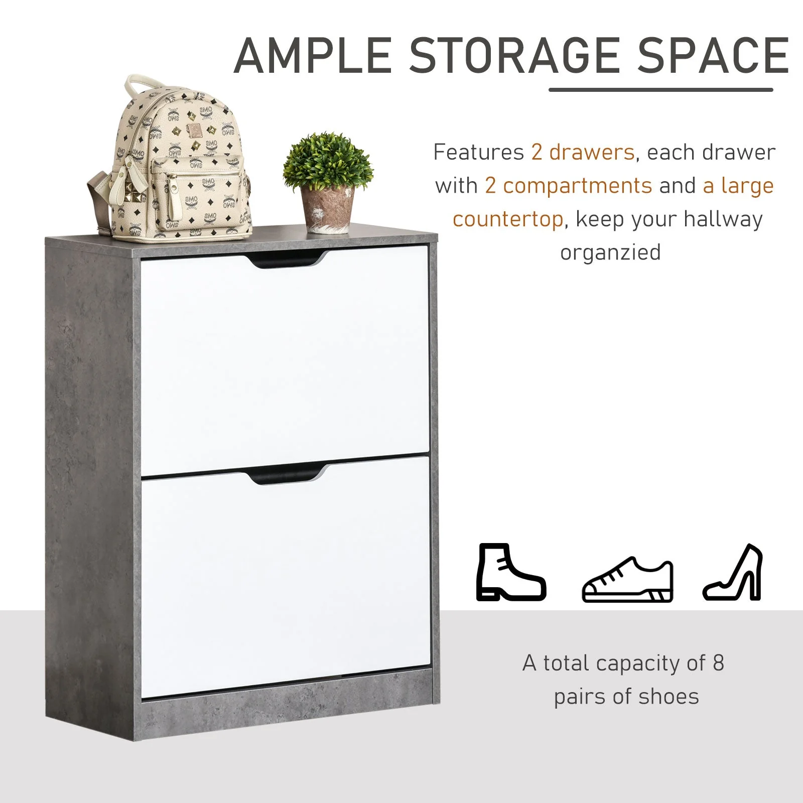 Two Drawer Shoe Cabinet Home Storage Organiser w/ Groove Handles Adjustable Shelves Modern Boxy Rack Hallway Bedroom Furniture - Image 3