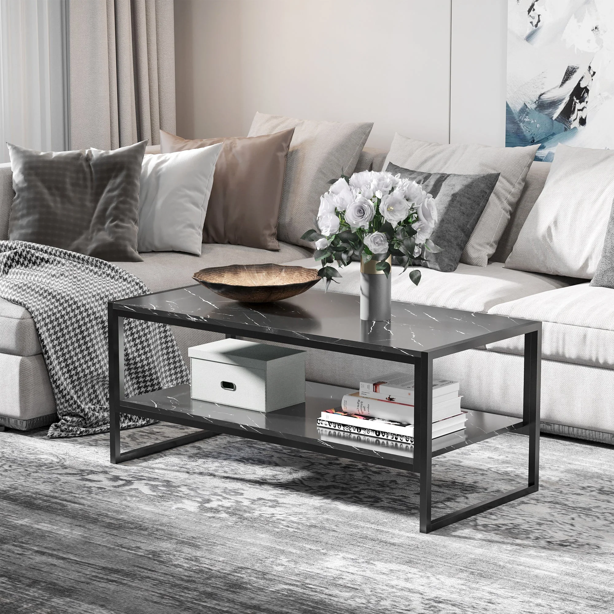 Two-Tier Laminate Marble Print Table Top Coffee Table w/ Metal Frame Foot Pads Elegant Modern Style 2 Shelves Home Display Storage Unit Living Room - Image 2