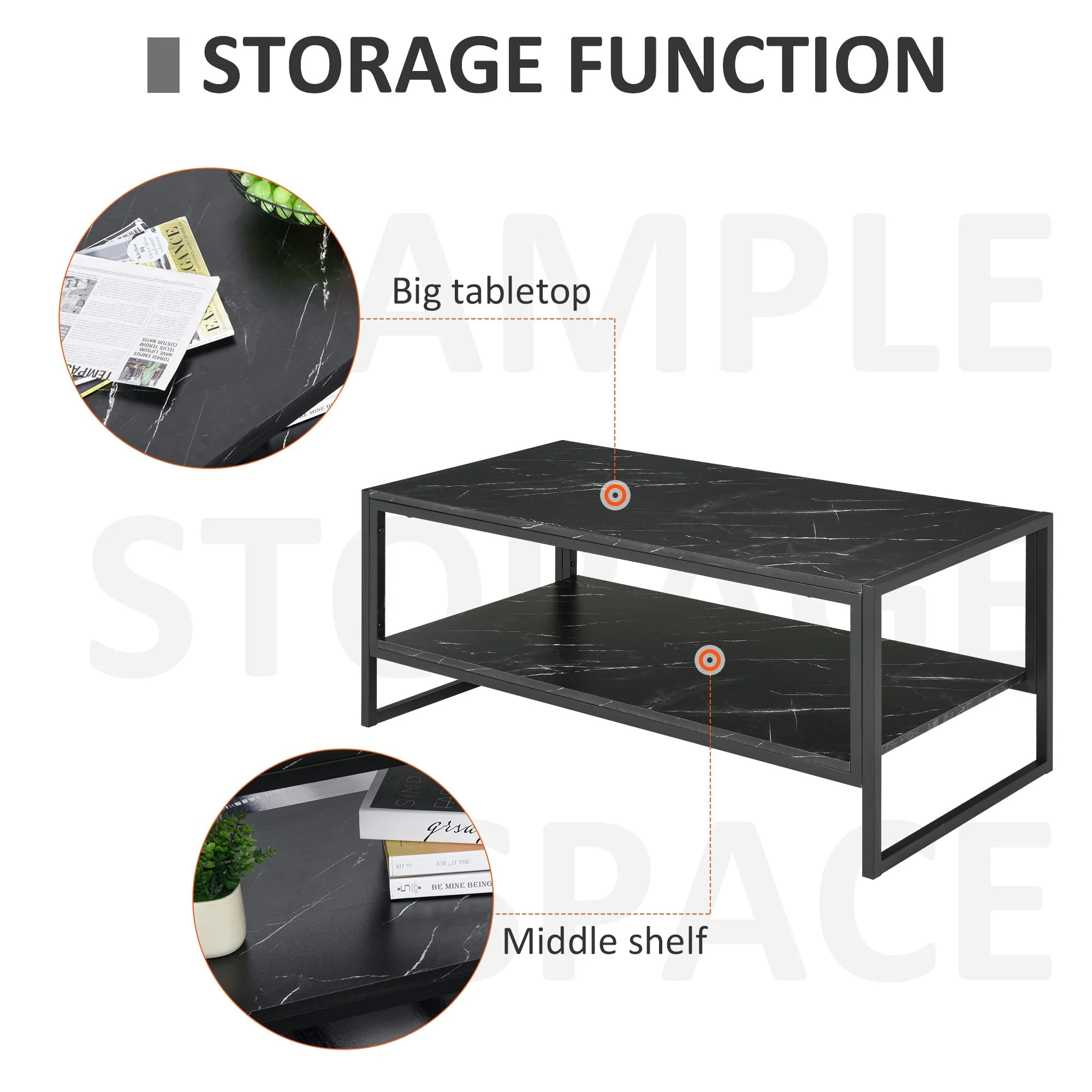 Two-Tier Laminate Marble Print Table Top Coffee Table w/ Metal Frame Foot Pads Elegant Modern Style 2 Shelves Home Display Storage Unit Living Room - Image 6
