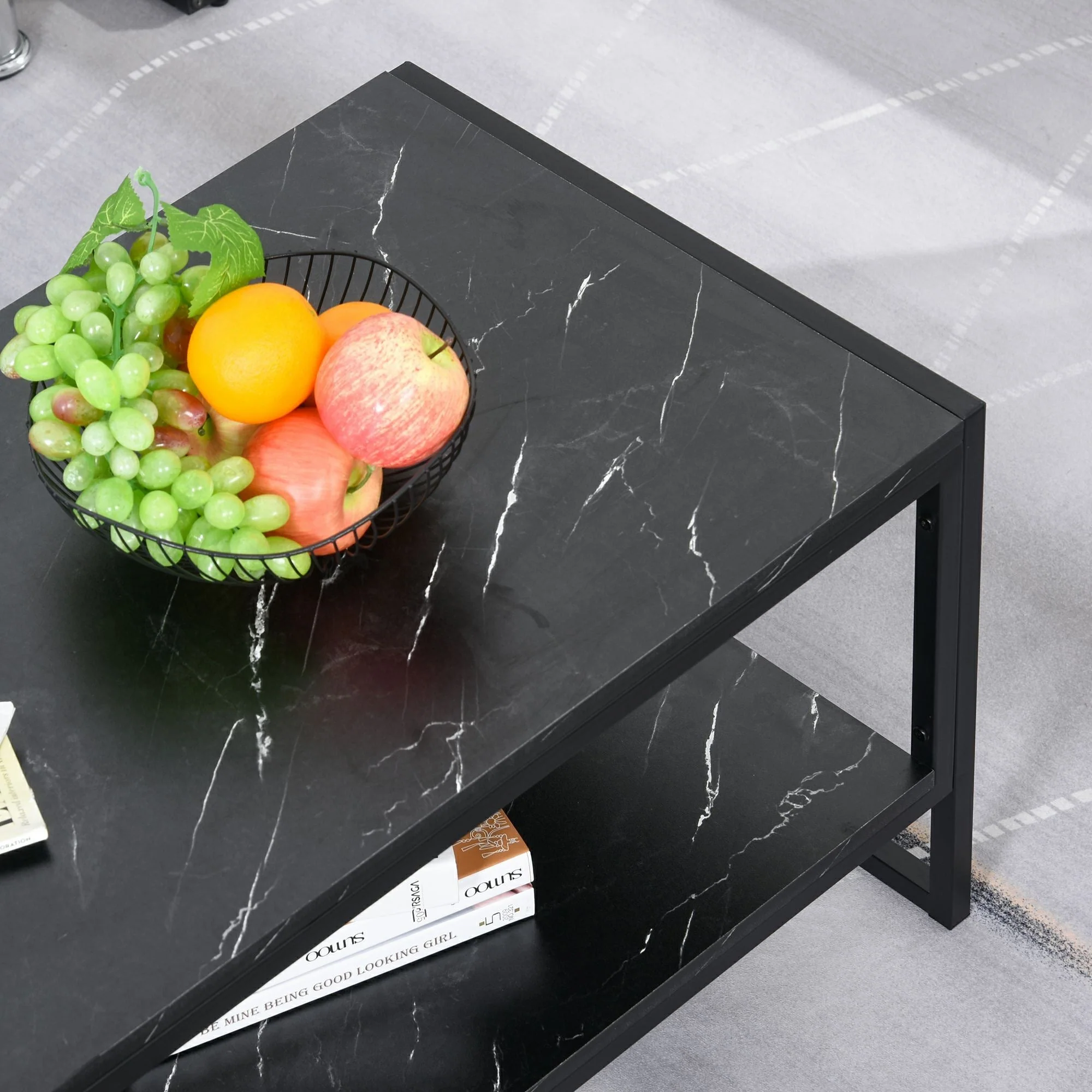 Two-Tier Laminate Marble Print Table Top Coffee Table w/ Metal Frame Foot Pads Elegant Modern Style 2 Shelves Home Display Storage Unit Living Room - Image 8